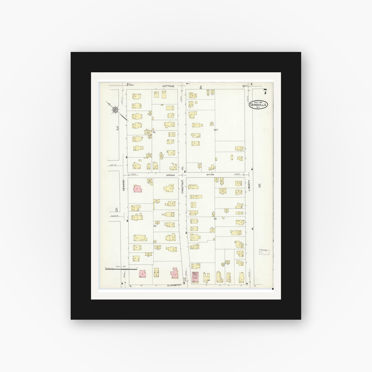 Old map wall art mockup — black gallery frame with white mat — Sanborn Fire Insurance Map from Dansville, Livingston County, New York (1914), Sheet #0007