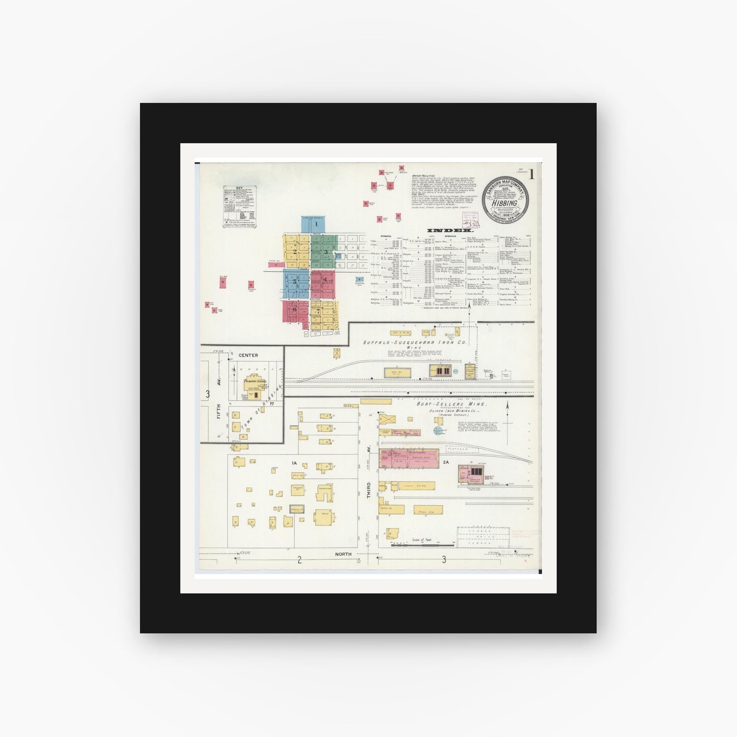 Old map wall art mockup — black gallery frame with white mat — Sanborn Fire Insurance Map from Hibbing, Saint Louis County, Minnesota (1908), Sheet #0001