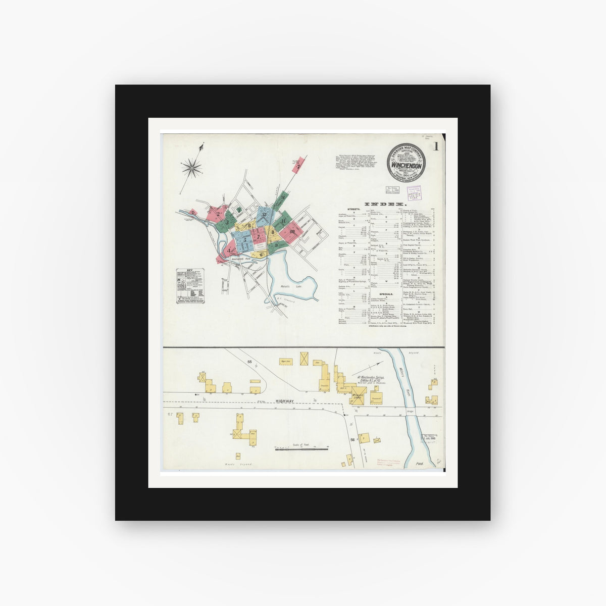 Old map wall art mockup — black gallery frame with white mat — Sanborn Fire Insurance Map from Winchendon, Worcester County, Massachusetts (1904) - Complete Map Set
