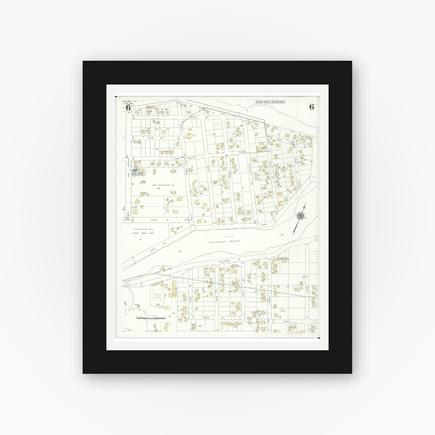 Old map wall art mockup — black gallery frame with white mat — Sanborn Fire Insurance Map from Wahiawa, Honolulu County, Hawaii (1942), Sheet #0006