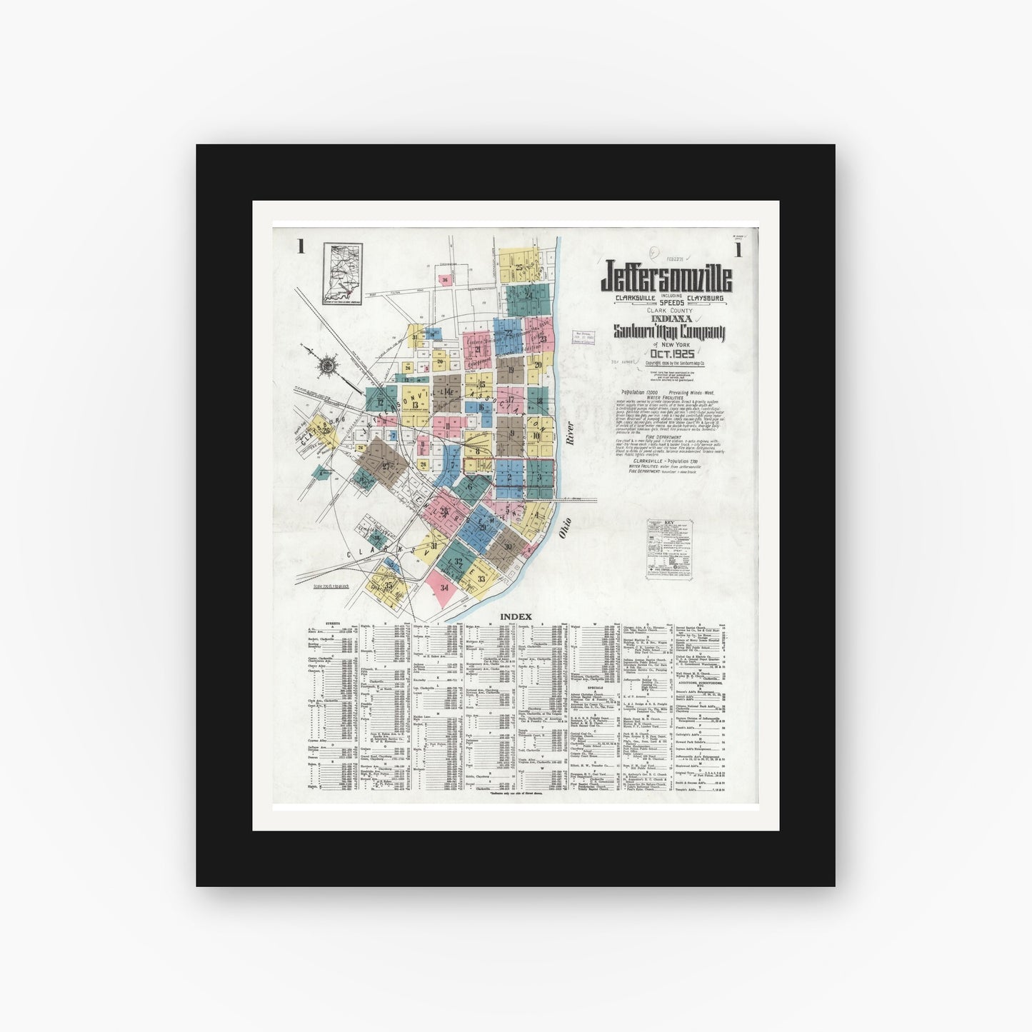 Old map wall art mockup — black gallery frame with white mat — Sanborn Fire Insurance Map from Jeffersonville, Clark County, Indiana (1925), Sheet #0001