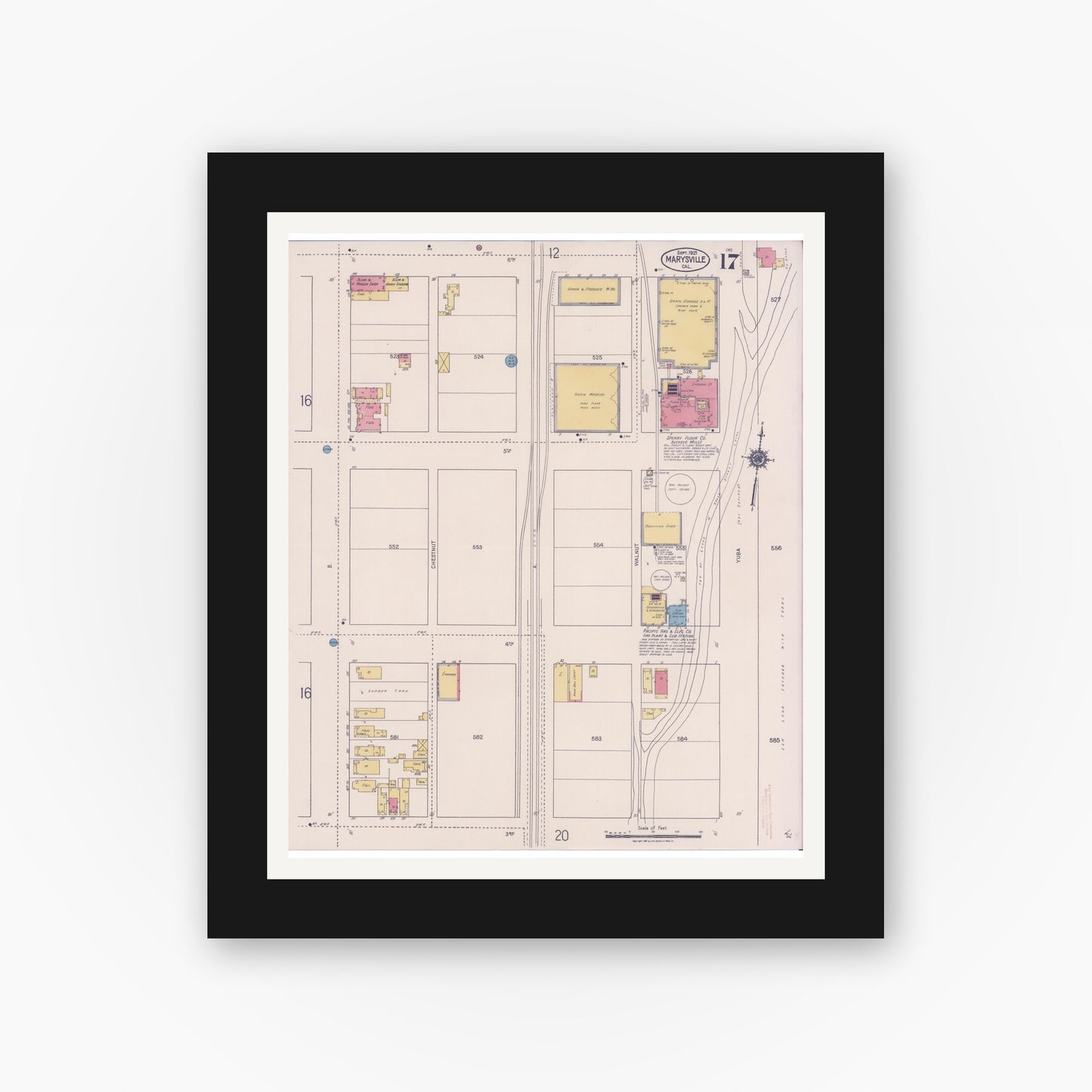 Old map wall art mockup — black gallery frame with white mat — Sanborn Fire Insurance Map from Marysville, Yuba County, California (1921), Sheet #0017