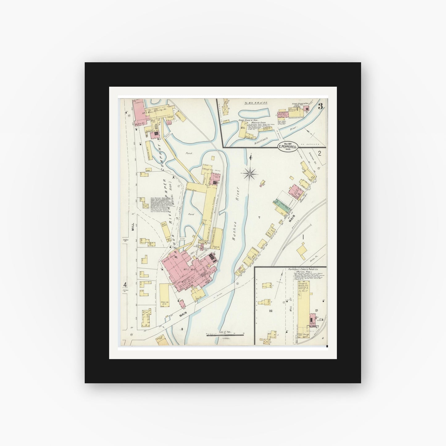 Old map wall art mockup — black gallery frame with white mat — Sanborn Fire Insurance Map from East Pepperell, Middlesex County, Massachusetts (1897), Sheet #0003