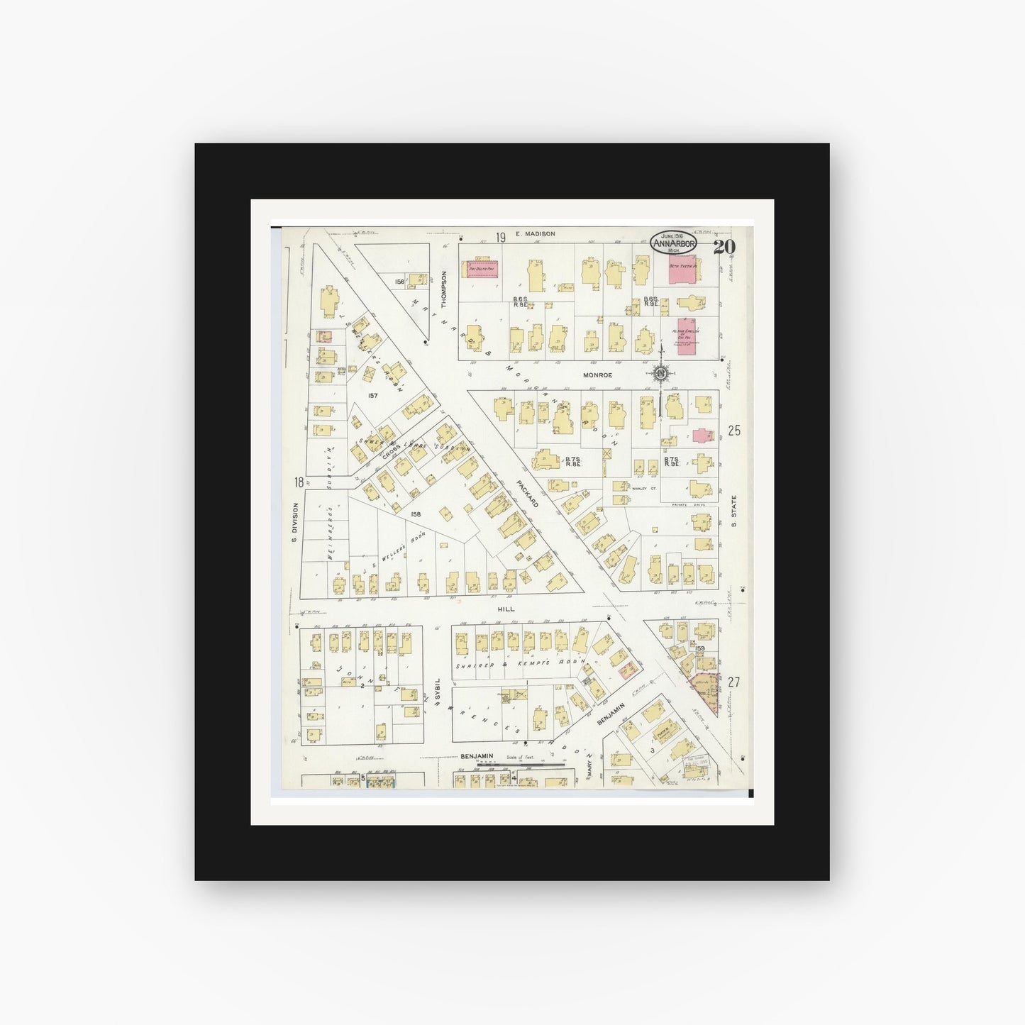 Old map wall art mockup — black gallery frame with white mat — Sanborn Fire Insurance Map from Ann Arbor, Washtenaw County, Michigan (1916), Sheet #0020