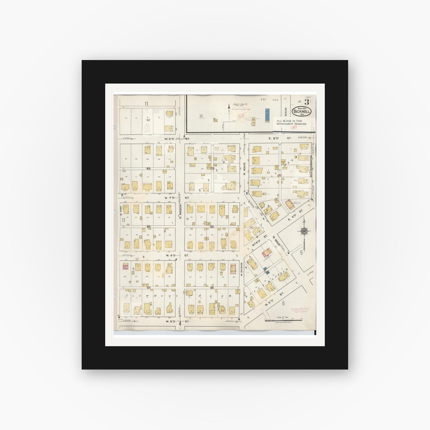 Old map wall art mockup — black gallery frame with white mat — Sanborn Fire Insurance Map from Bicknell, Knox County, Indiana (1946), Sheet #0003