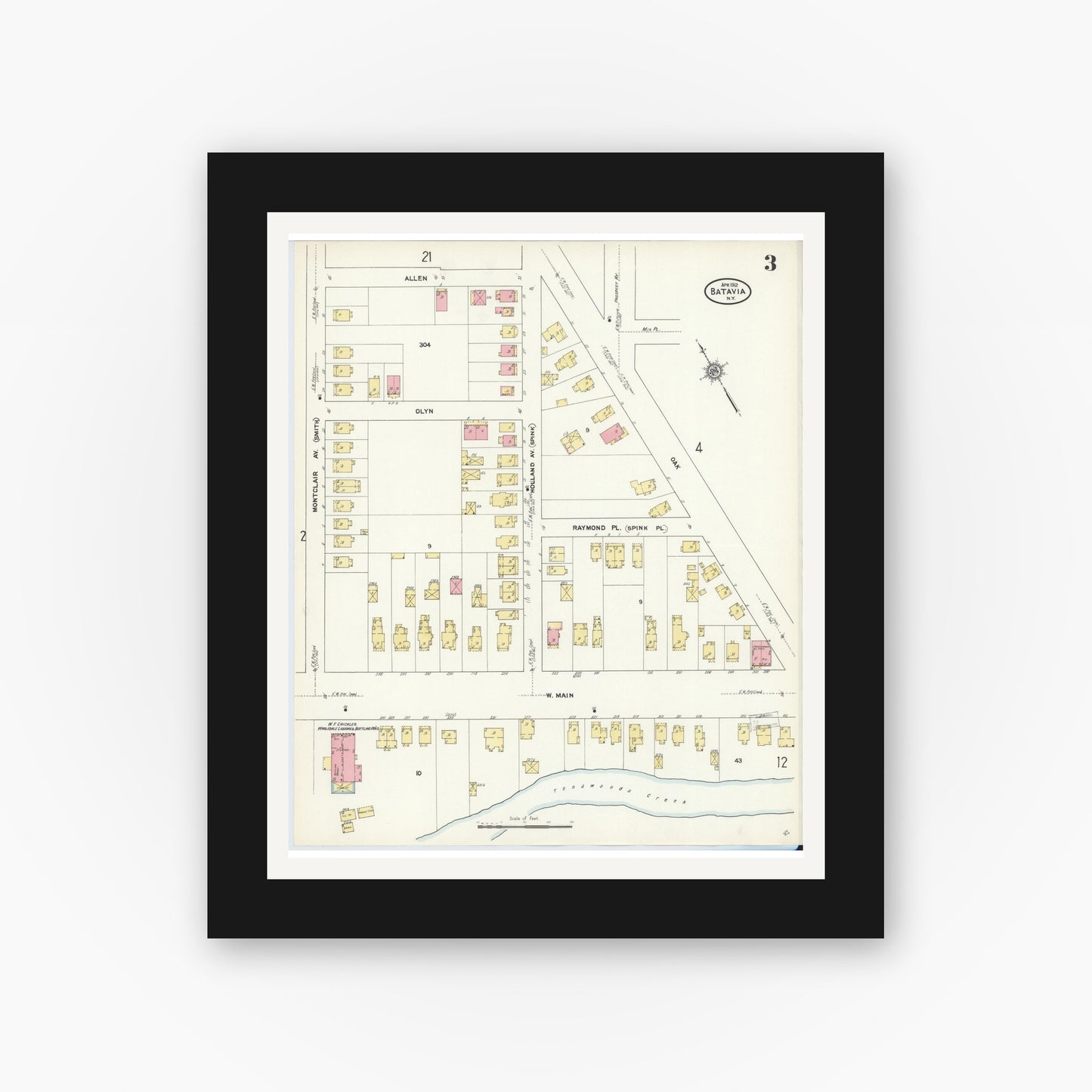 Old map wall art mockup — black gallery frame with white mat — Sanborn Fire Insurance Map from Batavia, Genesee County, New York (1912), Sheet #0003