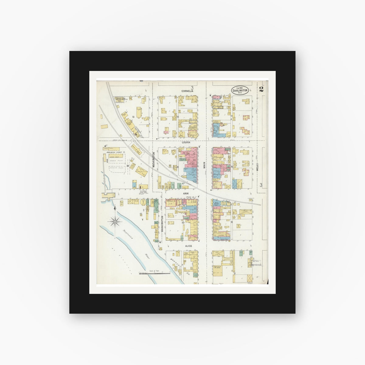Old map wall art mockup — black gallery frame with white mat — Sanborn Fire Insurance Map from Darlington, Lafayette County, Wisconsin (1900), Sheet #0002