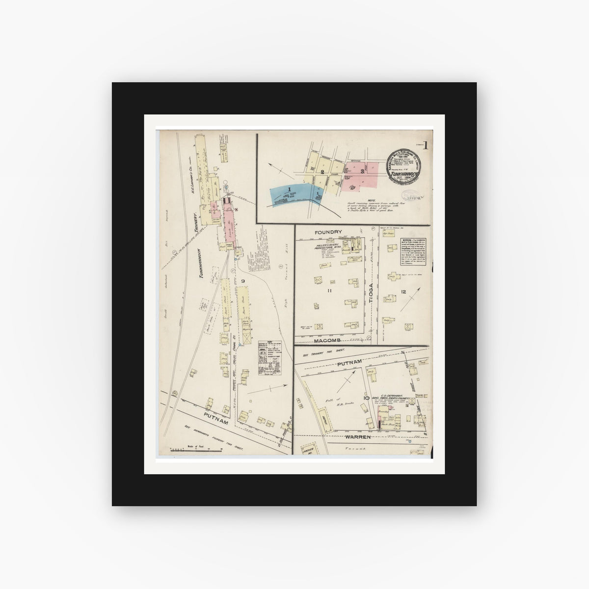 Old map wall art mockup — black gallery frame with white mat — Sanborn Fire Insurance Map from Tunkhannock, Wyoming County, Pennsylvania (1884), Sheet #0001