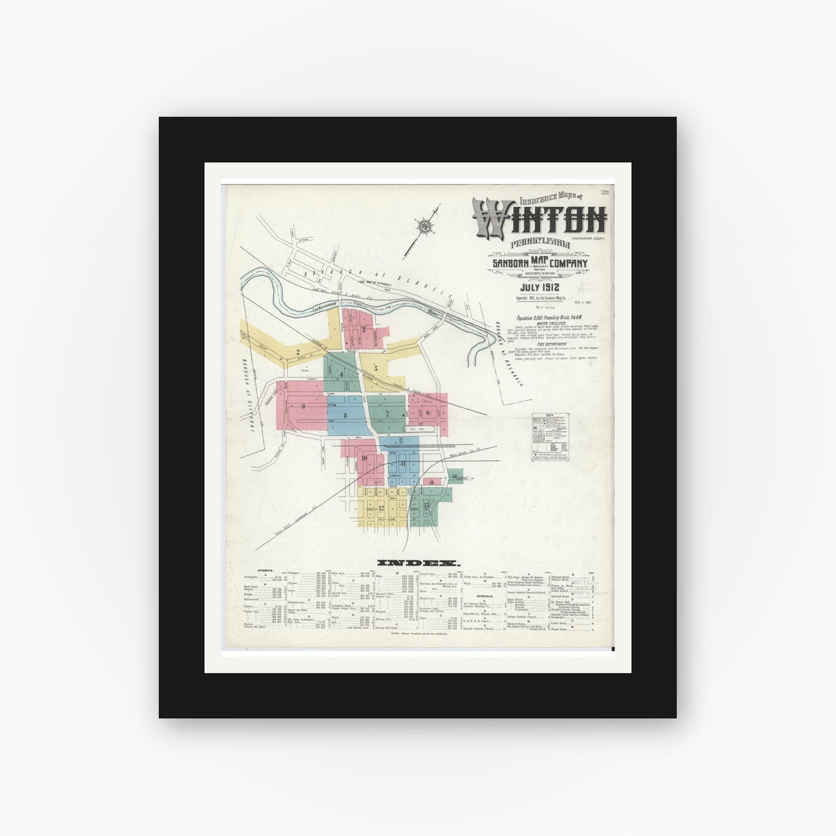Old map wall art mockup β black gallery frame with white mat β Sanborn Fire Insurance Map from Winton, Lackawanna County, Pennsylvania (1912), Sheet #0001