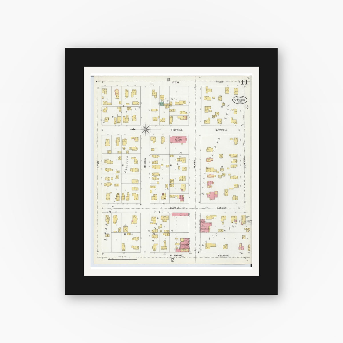 Old map wall art mockup β black gallery frame with white mat β Sanborn Fire Insurance Map from Owosso, Shiawassee County, Michigan (1900), Sheet #0011
