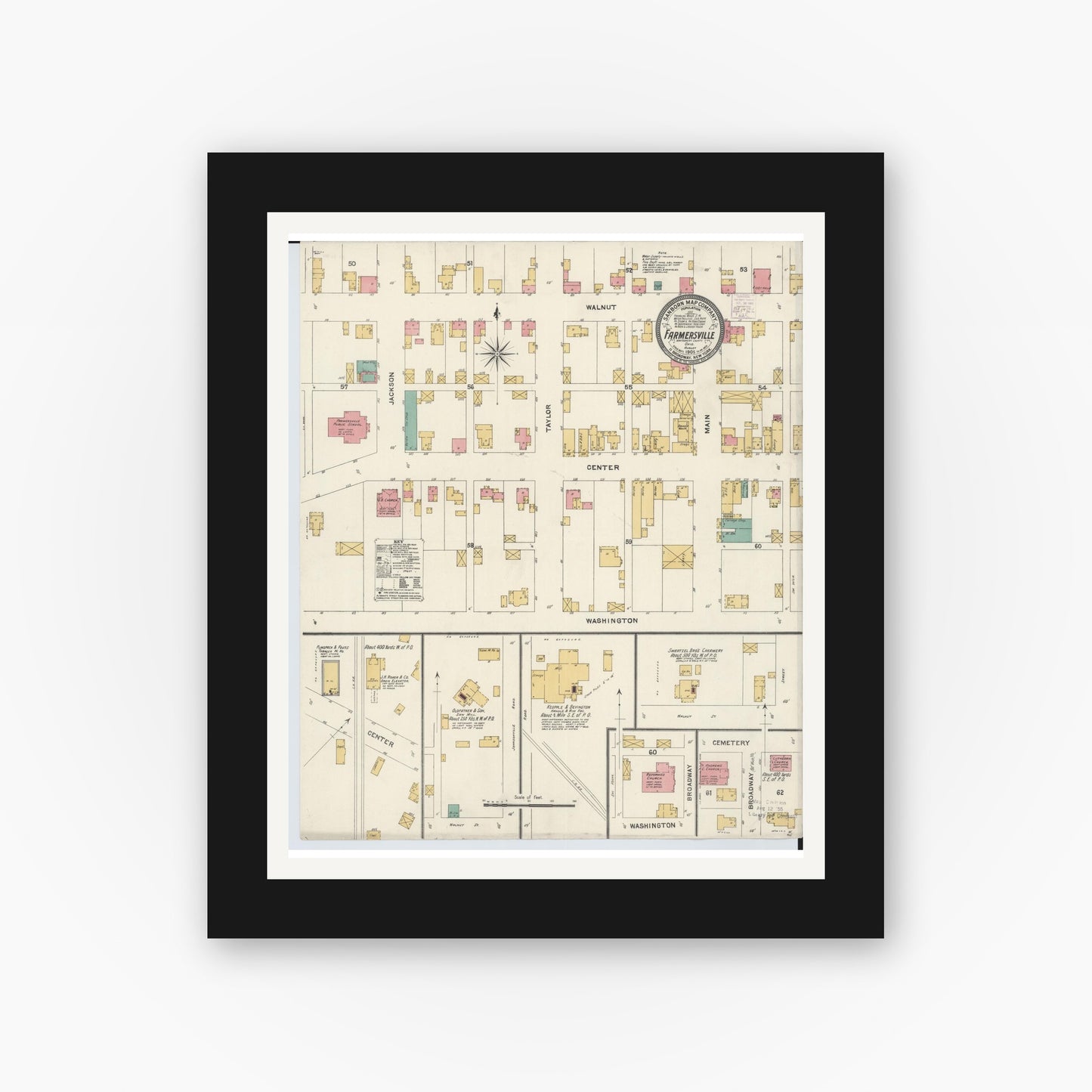 Old map wall art mockup — black gallery frame with white mat — Sanborn Fire Insurance Map from Farmersville, Montogomery County, Ohio (1905), Sheet #0001