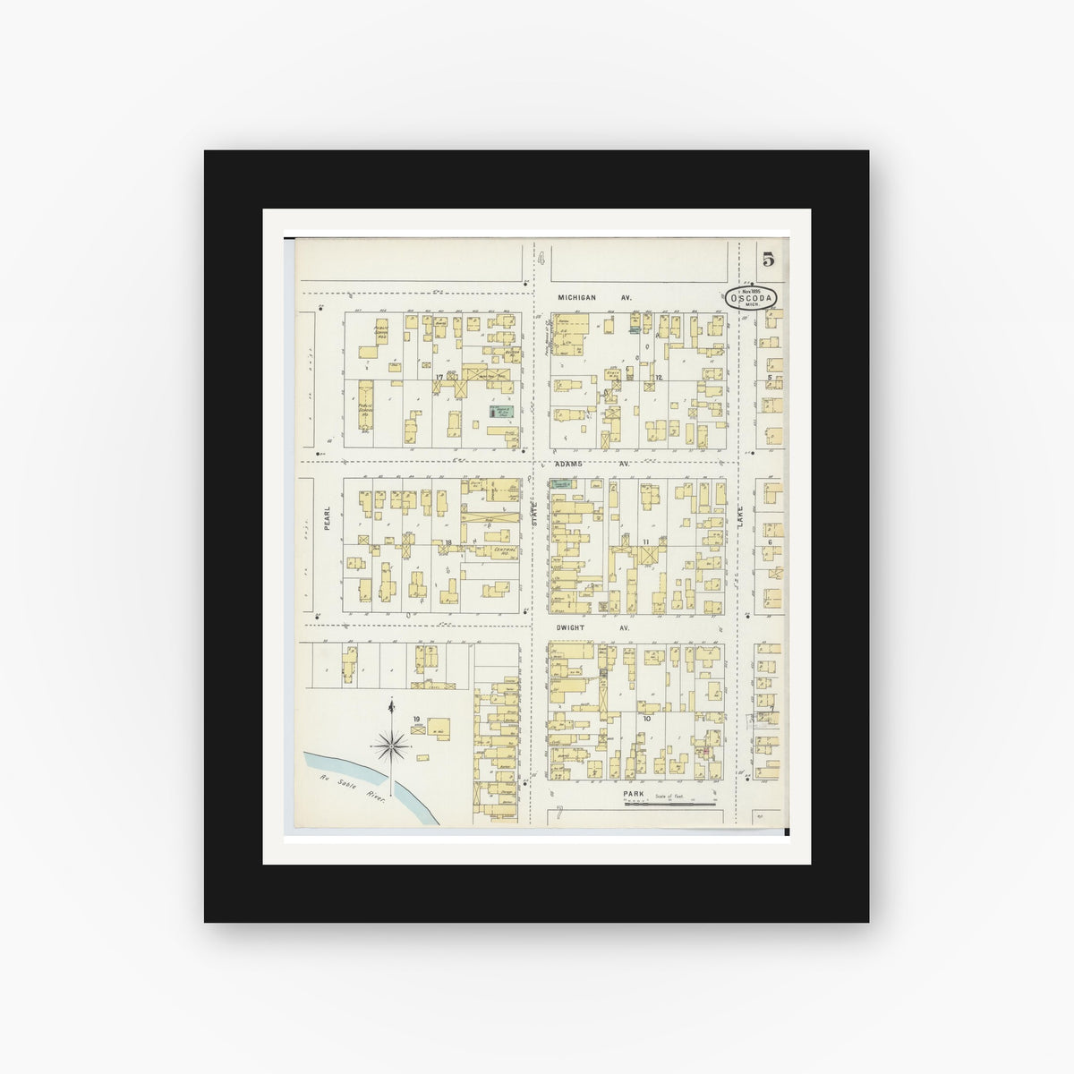 Old map wall art mockup — black gallery frame with white mat — Sanborn Fire Insurance Map from Oscoda, Iosco County, Michigan (1895), Sheet #0005