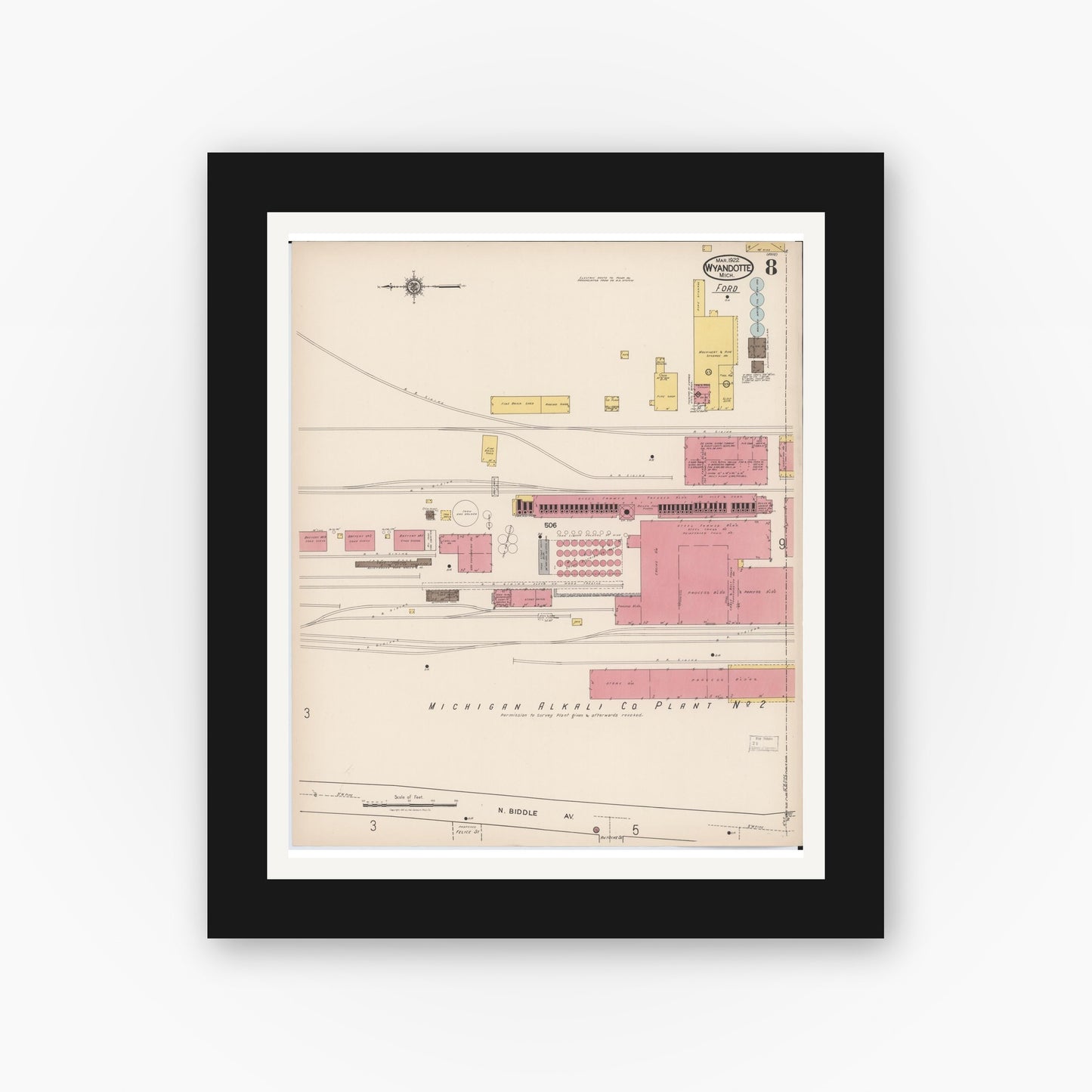 Old map wall art mockup — black gallery frame with white mat — Sanborn Fire Insurance Map from Wyandotte, Wayne County, Michigan (1922), Sheet #0008