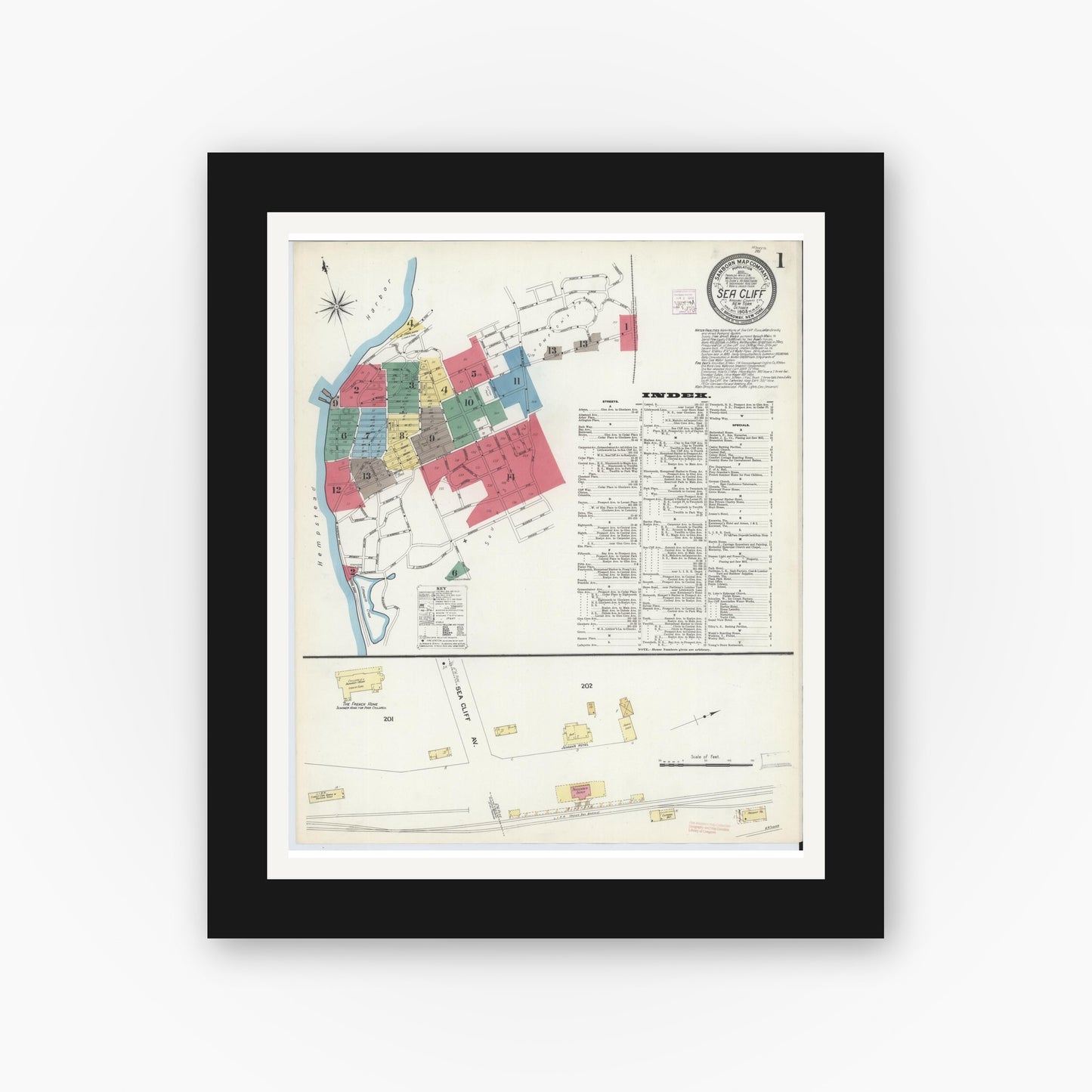 Old map wall art mockup — black gallery frame with white mat — Sanborn Fire Insurance Map from Sea Cliff, Nassau County, New York (1908) - Complete Map Set