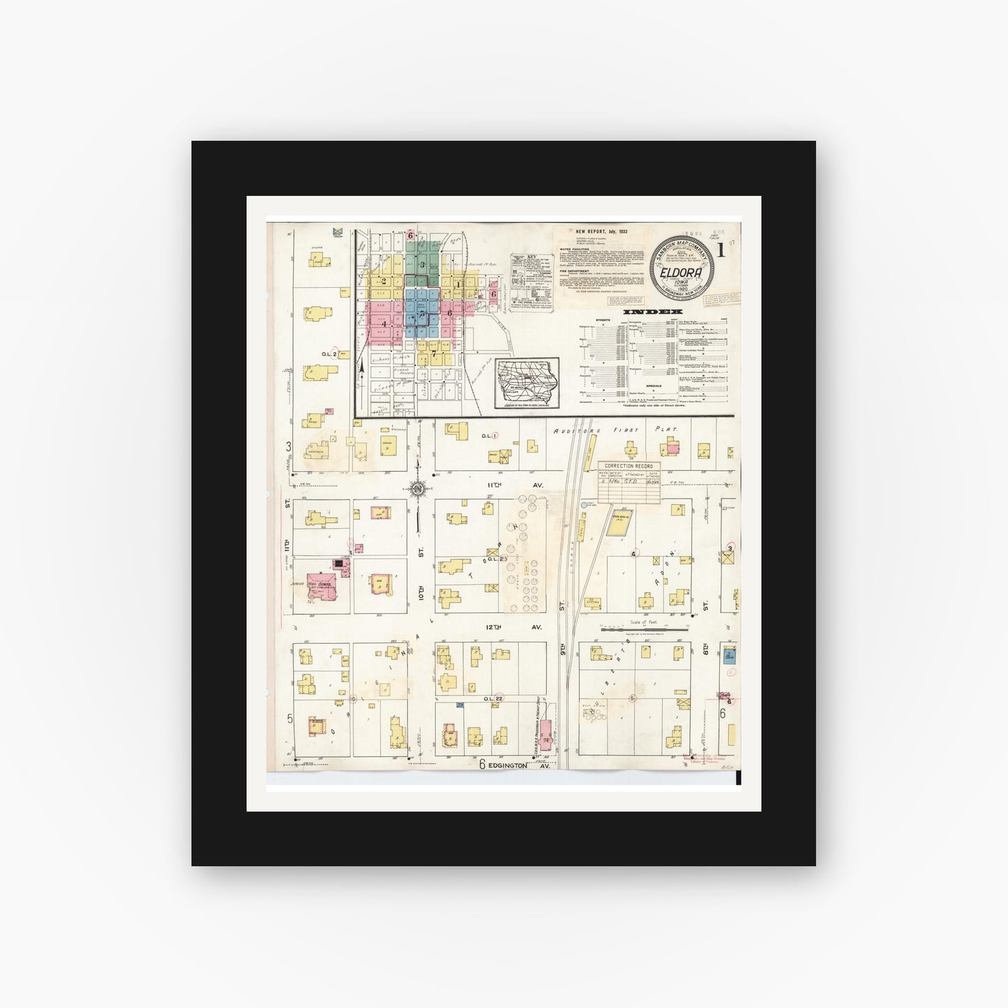 Old map wall art mockup β black gallery frame with white mat β Sanborn Fire Insurance Map from Eldora, Hardin County, Iowa (1940), Sheet #0001