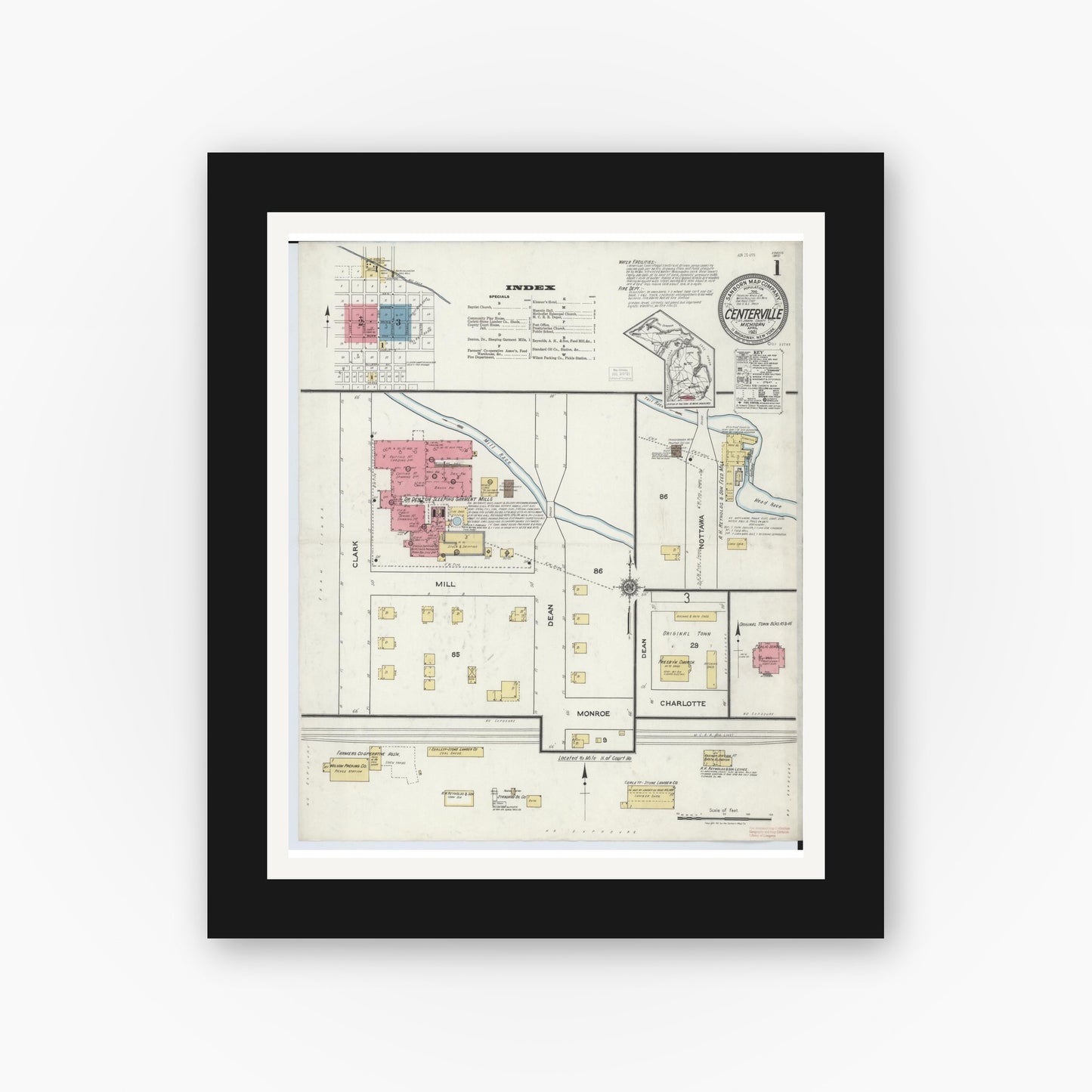 Old map wall art mockup — black gallery frame with white mat — Sanborn Fire Insurance Map from Centreville, Saint Joseph County, Michigan (1921) - Complete Map Set