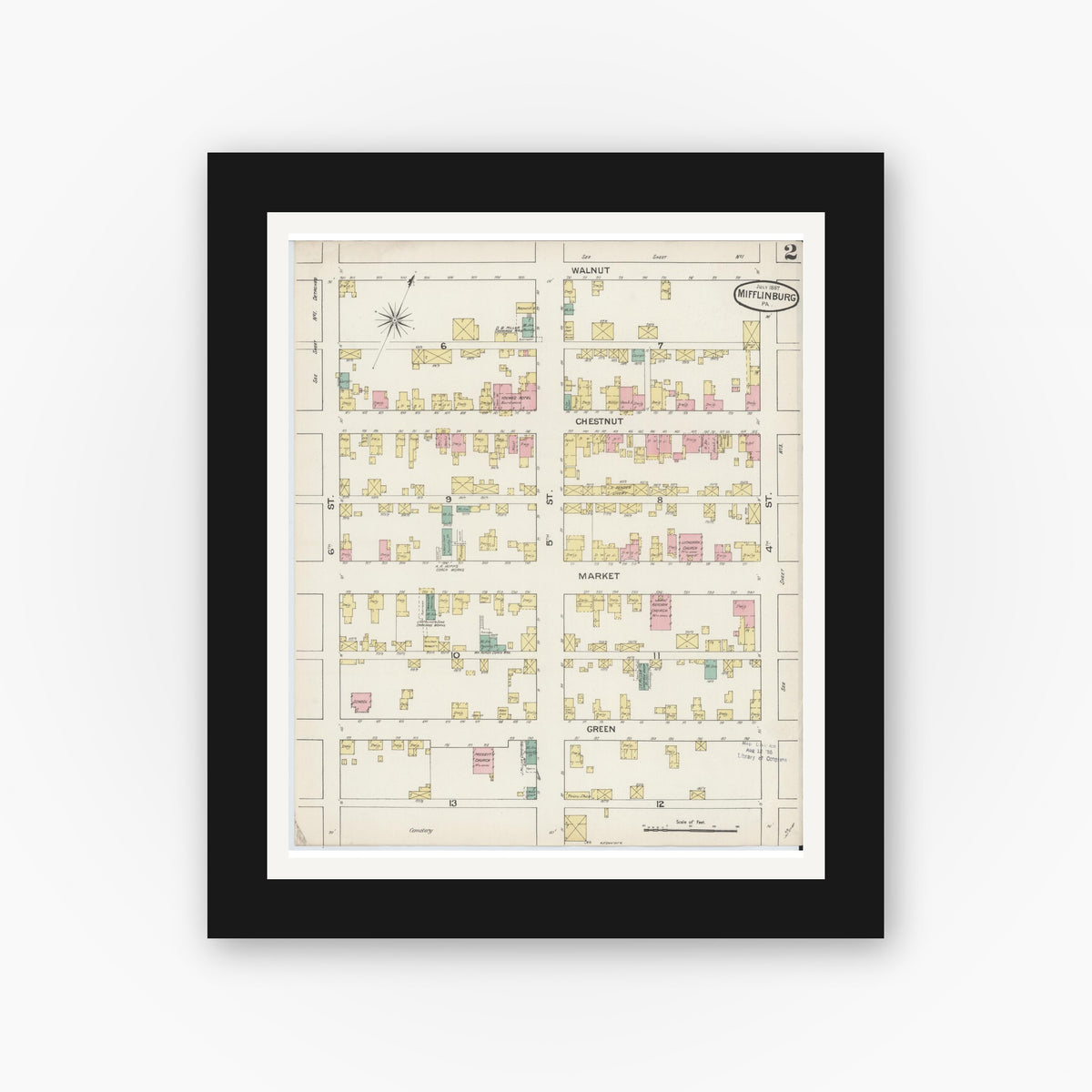 Old map wall art mockup — black gallery frame with white mat — Sanborn Fire Insurance Map from Mifflinburg, Union County, Pennsylvania (1887), Sheet #0002