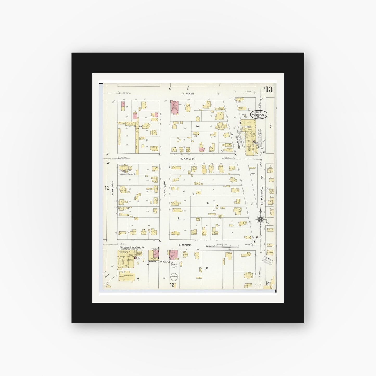 Old map wall art mockup — black gallery frame with white mat — Sanborn Fire Insurance Map from Marshall, Calhoun County, Michigan (1911), Sheet #0013