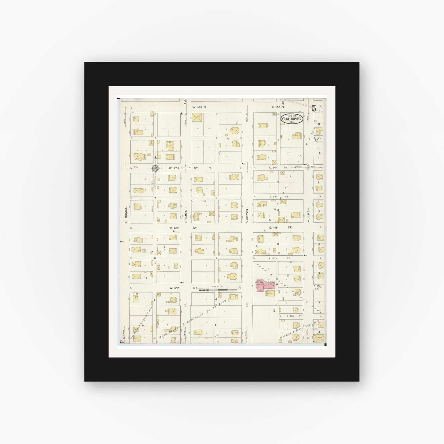 Old map wall art mockup — black gallery frame with white mat — Sanborn Fire Insurance Map from Christopher, Franklin County, Illinois (1916), Sheet #0005