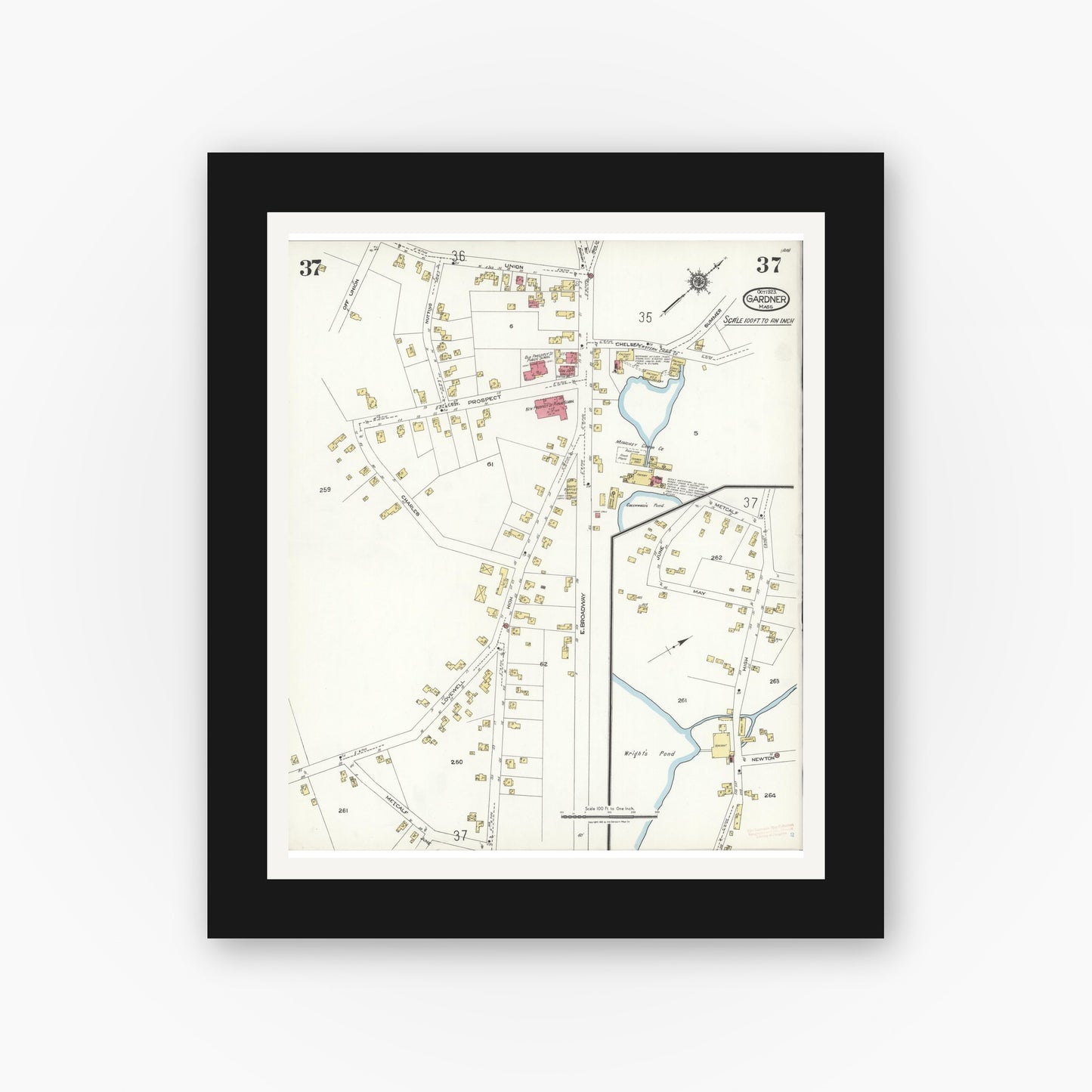 Old map wall art mockup — black gallery frame with white mat — Sanborn Fire Insurance Map from Gardner, Worcester County, Massachusetts (1923), Sheet #0037