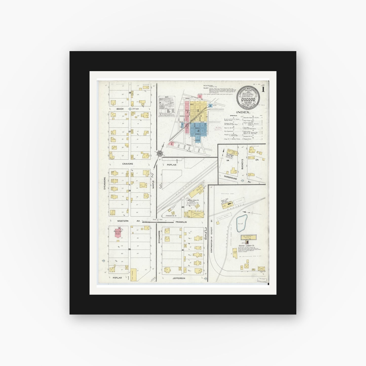 Old map wall art mockup — black gallery frame with white mat — Sanborn Fire Insurance Map from Osgood, Ripley County, Indiana (1911) - Complete Map Set
