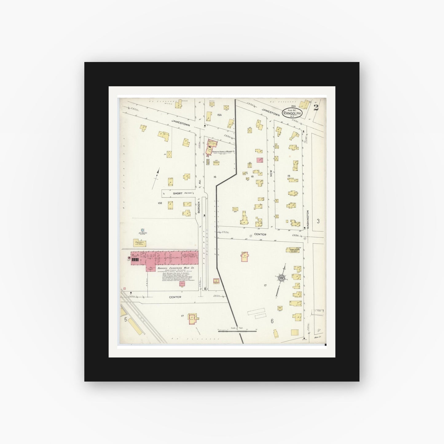 Old map wall art mockup — black gallery frame with white mat — Sanborn Fire Insurance Map from Randolph, Cattaraugus County, New York (1913), Sheet #0002