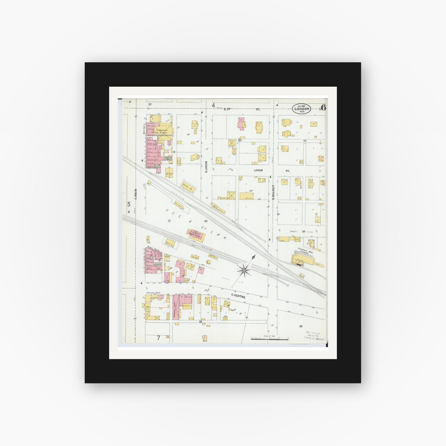 Old map wall art mockup — black gallery frame with white mat — Sanborn Fire Insurance Map from London, Madison County, Ohio (1901), Sheet #0006