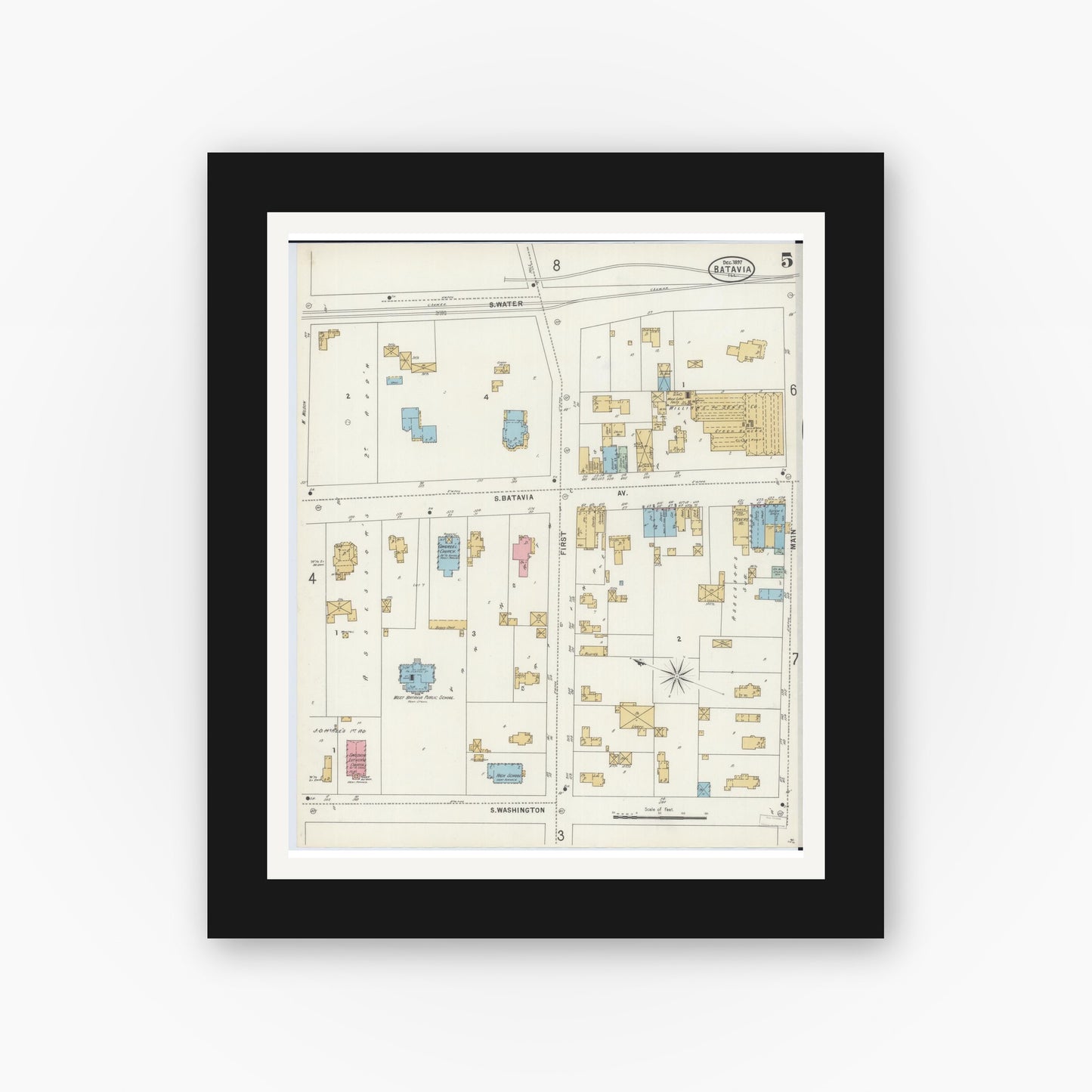 Old map wall art mockup — black gallery frame with white mat — Sanborn Fire Insurance Map from Batavia, Kane County, Illinois (1897), Sheet #0005