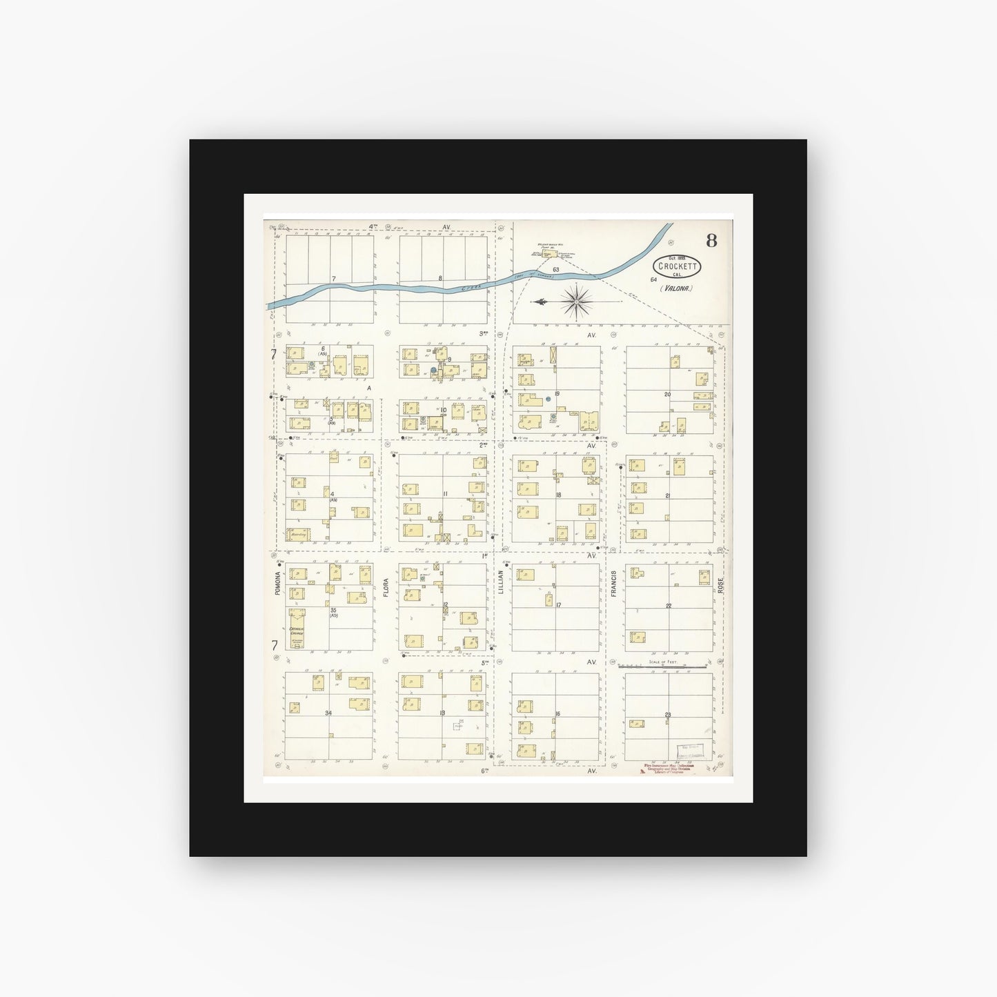Old map wall art mockup — black gallery frame with white mat — Sanborn Fire Insurance Map from Crockett, Contra Costa County, California (1899), Sheet #0008