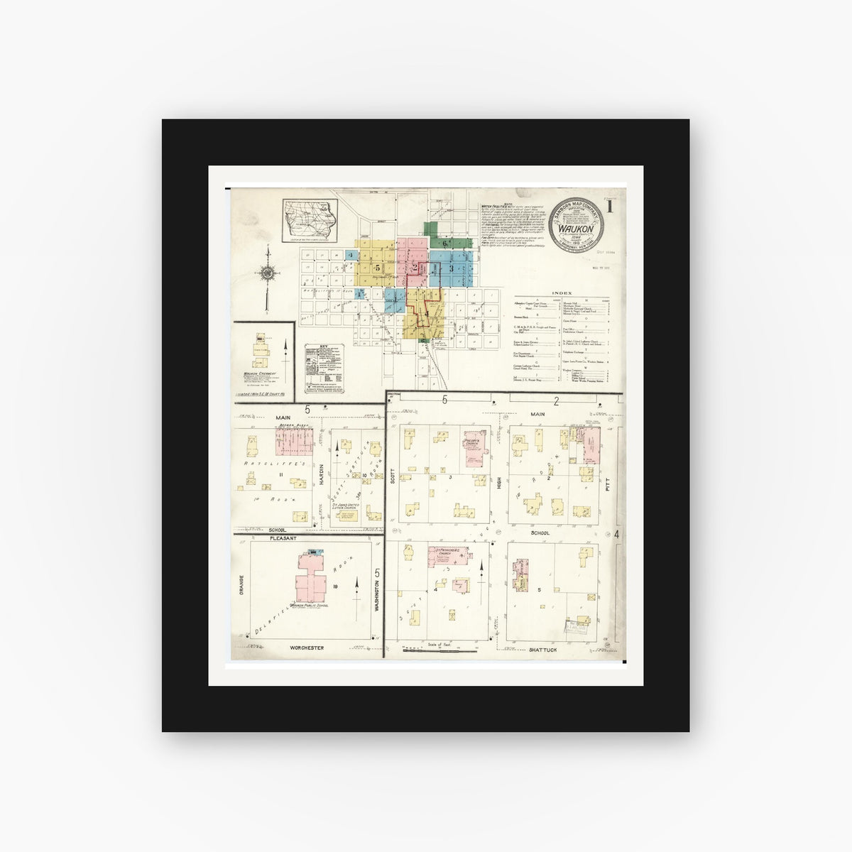 Old map wall art mockup — black gallery frame with white mat — Sanborn Fire Insurance Map from Waukon, Allamakee County, Iowa (1913), Sheet #0001