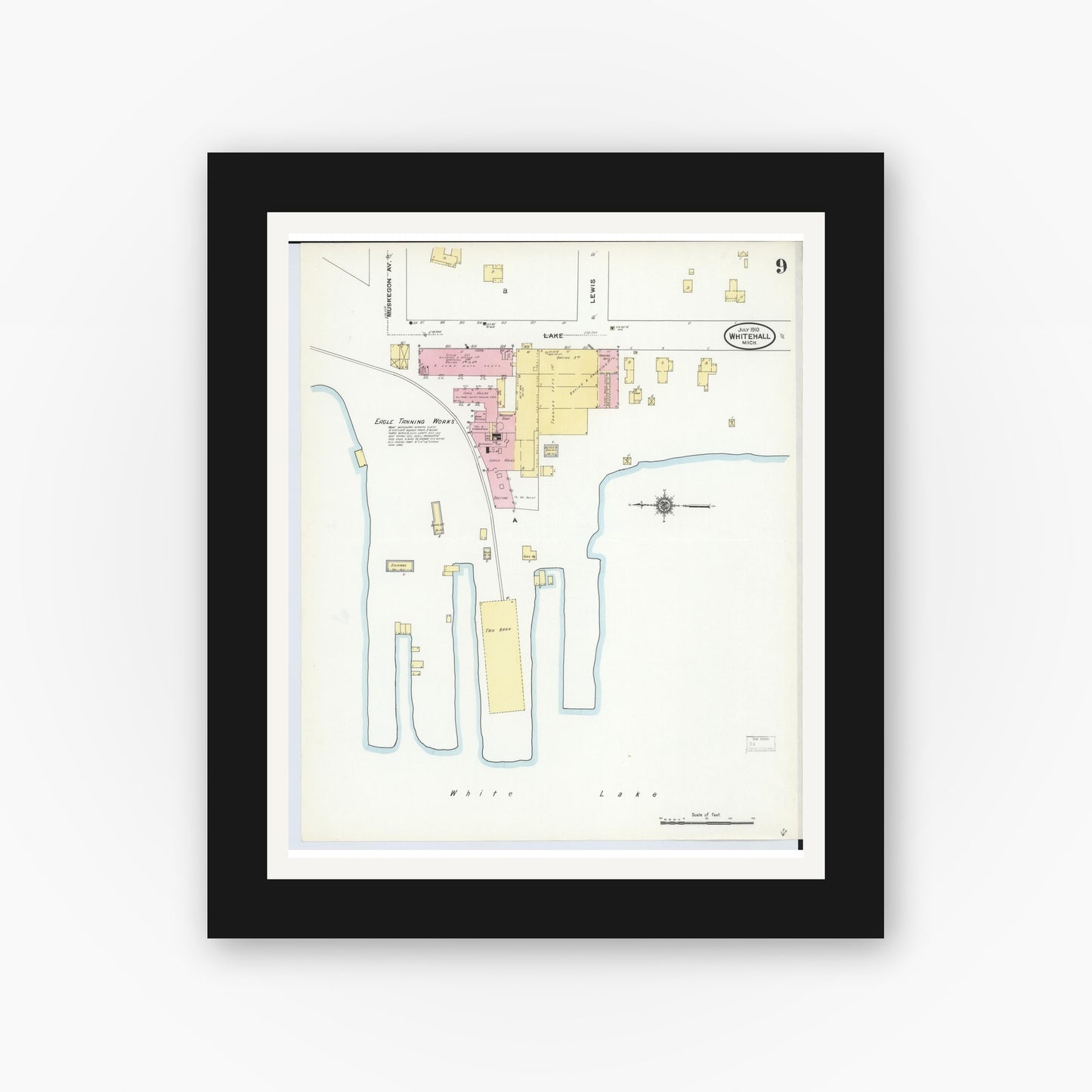 Old map wall art mockup — black gallery frame with white mat — Sanborn Fire Insurance Map from Whitehall, Muskegon County, Michigan (1910), Sheet #0009