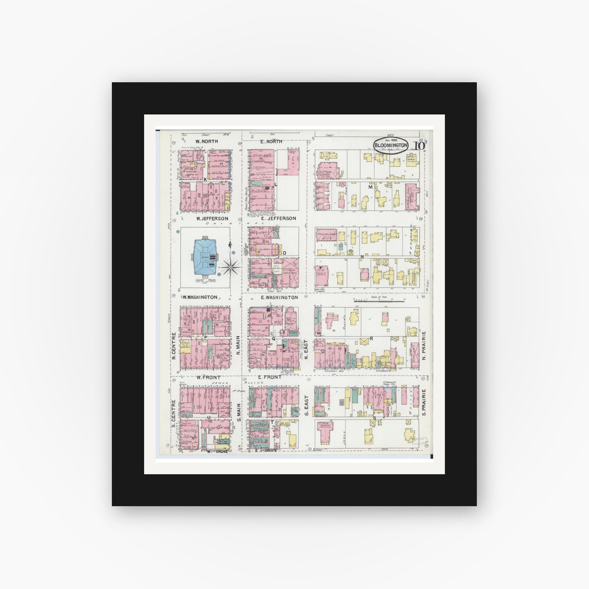 Old map wall art mockup — black gallery frame with white mat — Sanborn Fire Insurance Map from Bloomington, McLean County, Illinois (1892), Sheet #0010