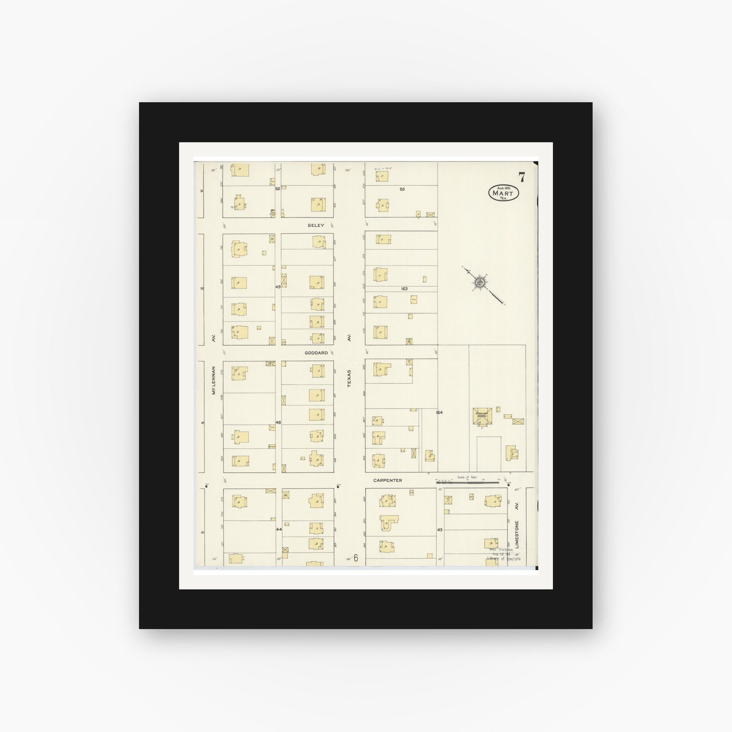 Old map wall art mockup — black gallery frame with white mat — Sanborn Fire Insurance Map from Mart, McLennan County, Texas (1915), Sheet #0007