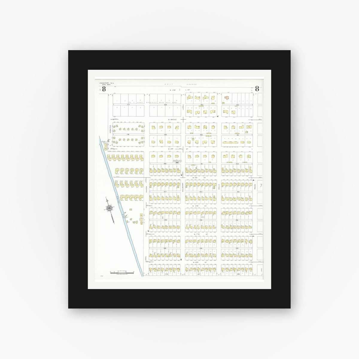 Old map wall art mockup — black gallery frame with white mat — Sanborn Fire Insurance Map from Freeport, Brazoria County, Texas (1943), Sheet #0008