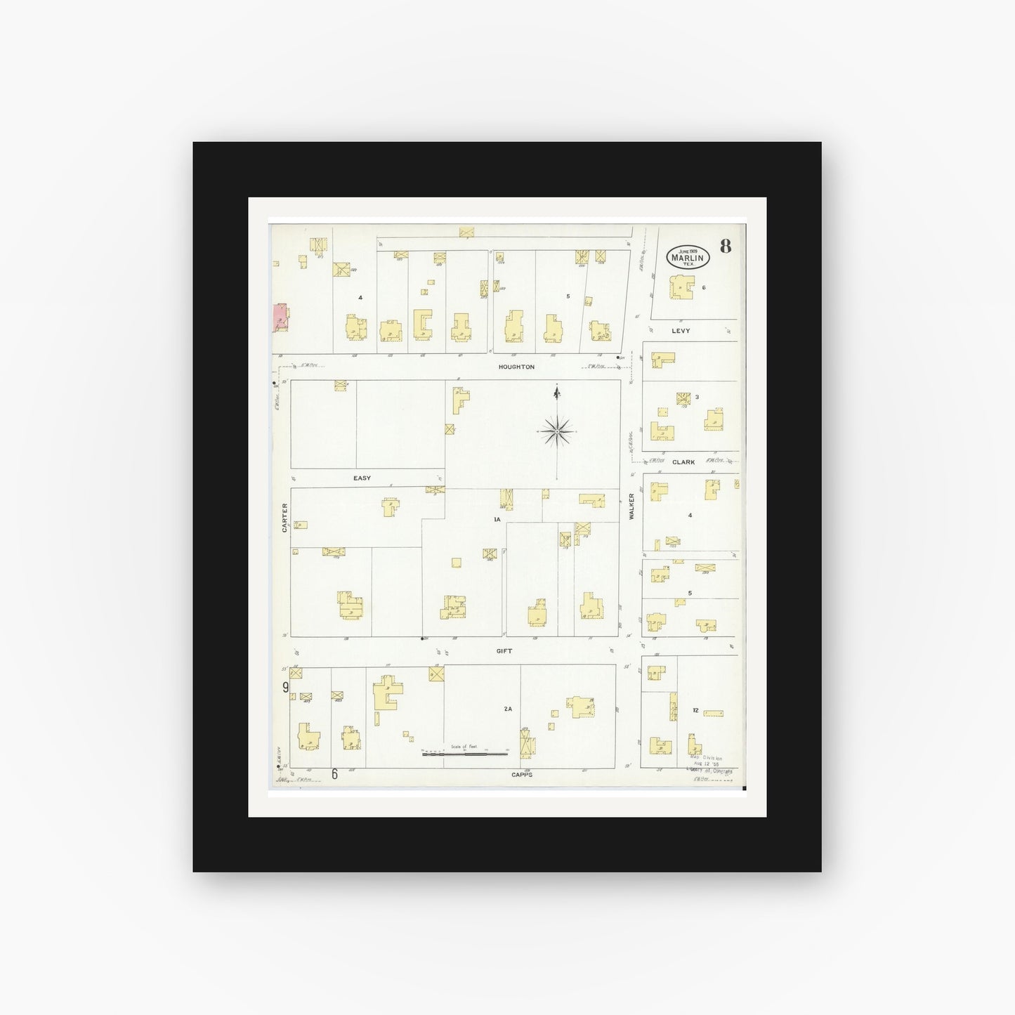 Old map wall art mockup — black gallery frame with white mat — Sanborn Fire Insurance Map from Marlin, Falls County, Texas (1909), Sheet #0008