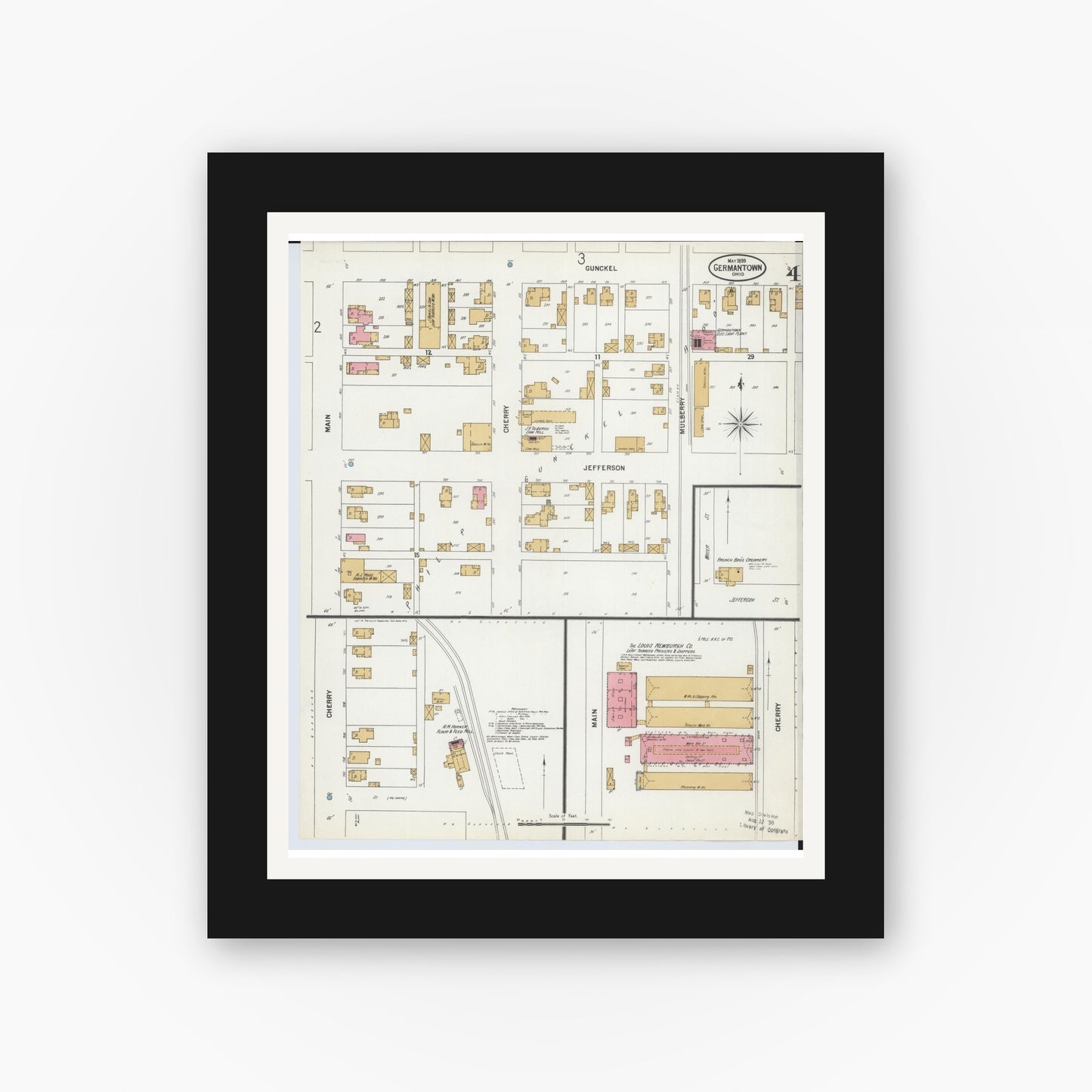 Old map wall art mockup — black gallery frame with white mat — Sanborn Fire Insurance Map from Germantown, Montgomery County, Ohio (1899), Sheet #0004