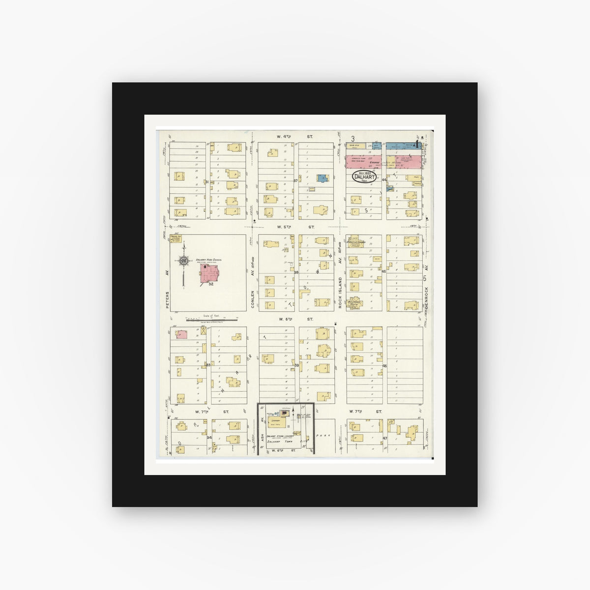 Old map wall art mockup — black gallery frame with white mat — Sanborn Fire Insurance Map from Dalhart, Dallam And Hartley County, Texas (1920), Sheet #0004