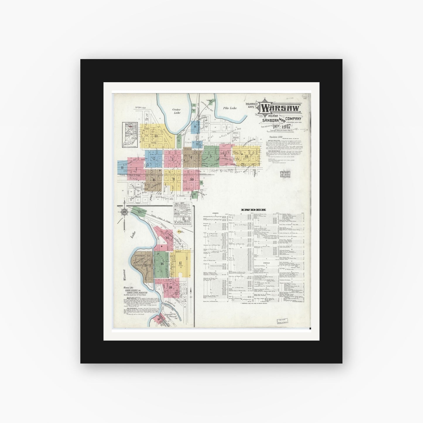 Old map wall art mockup — black gallery frame with white mat — Sanborn Fire Insurance Map from Warsaw, Kosciusko County, Indiana (1917) - Complete Map Set