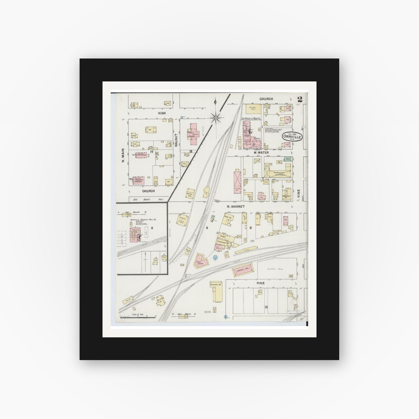 Old map wall art mockup — black gallery frame with white mat — Sanborn Fire Insurance Map from Orrville, Wayne County, Ohio (1889), Sheet #0002