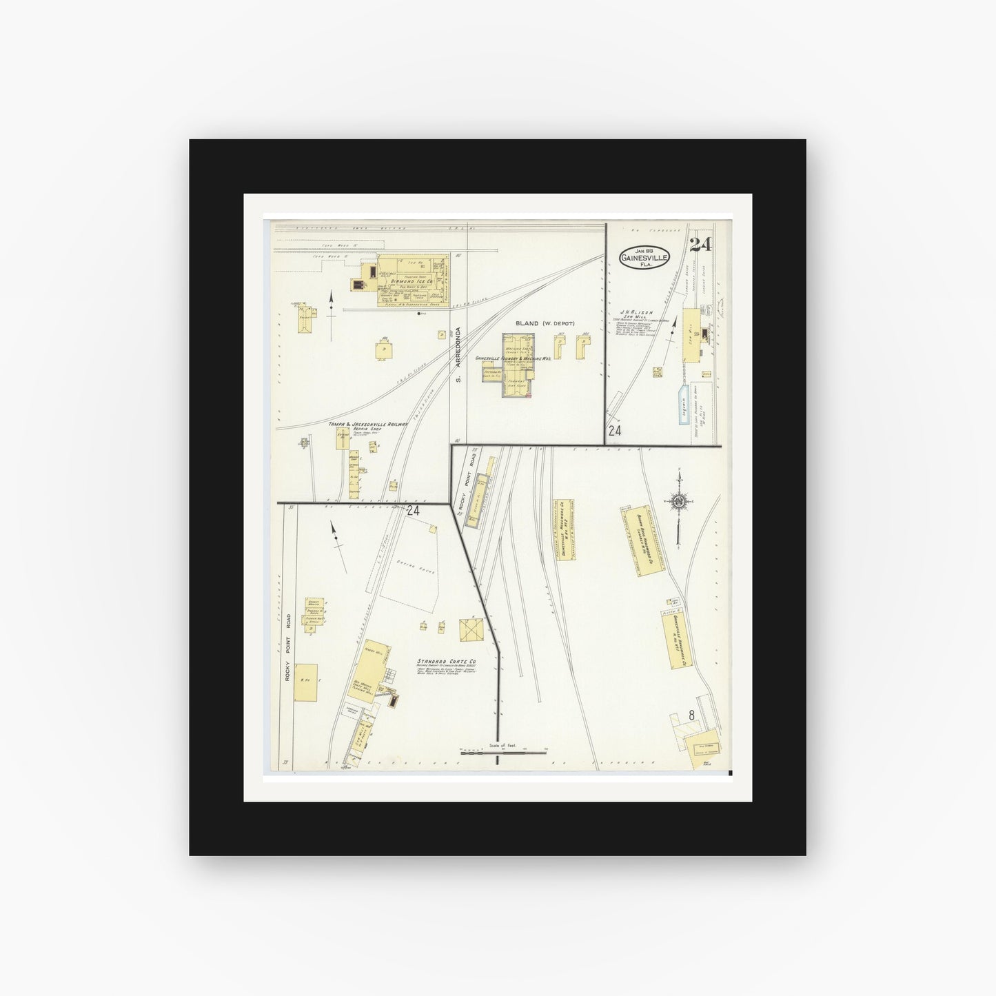 Old map wall art mockup — black gallery frame with white mat — Sanborn Fire Insurance Map from Gainesville, Alachua County, Florida (1913), Sheet #0024