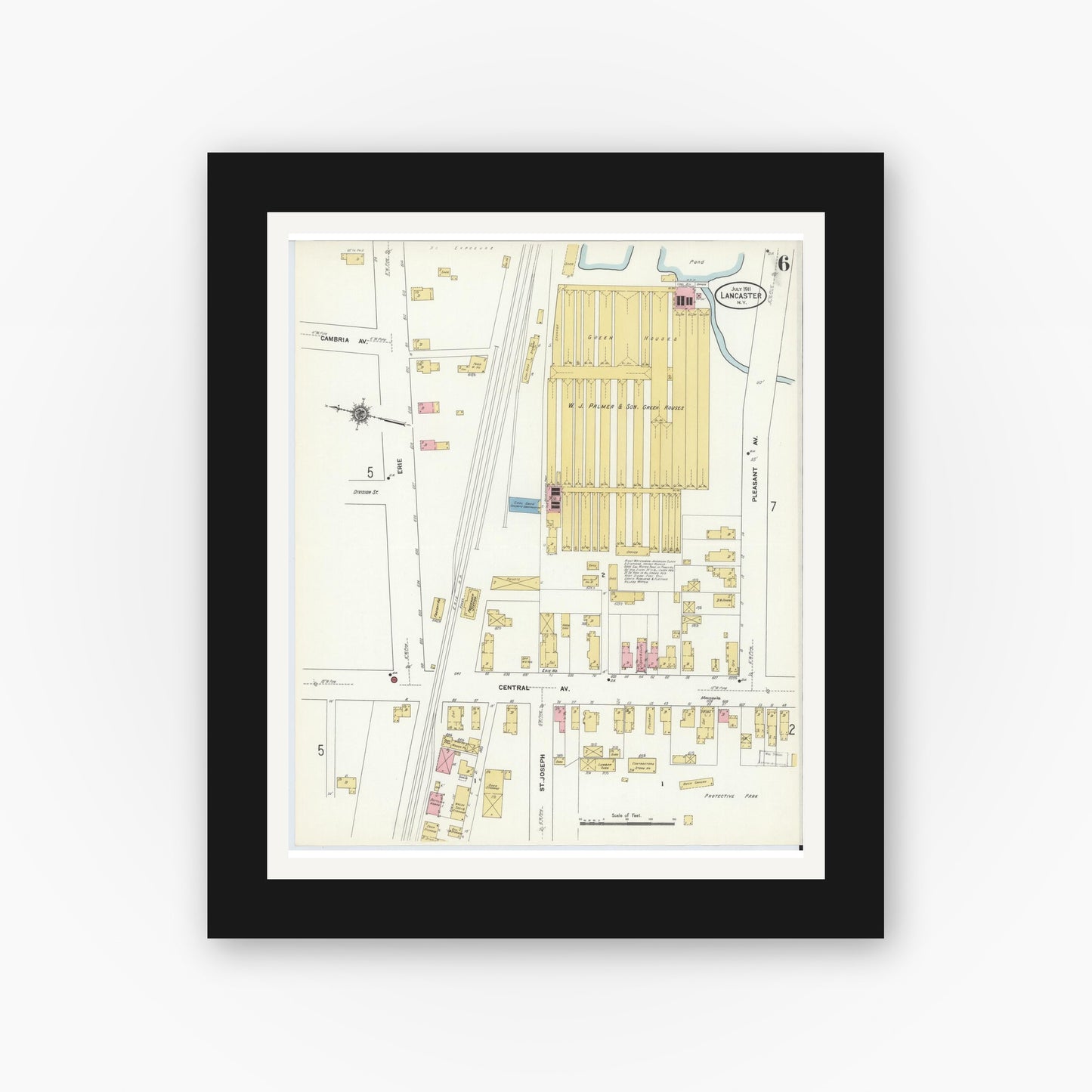Old map wall art mockup — black gallery frame with white mat — Sanborn Fire Insurance Map from Lancaster, Erie County, New York (1911), Sheet #0006