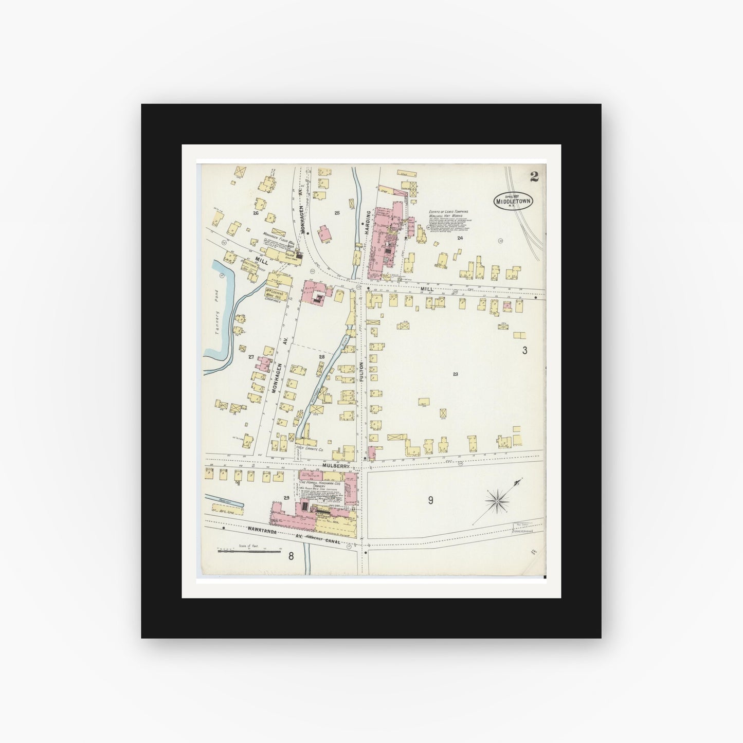 Old map wall art mockup — black gallery frame with white mat — Sanborn Fire Insurance Map from Middletown, Orange County, New York (1897) - Complete Map Set
