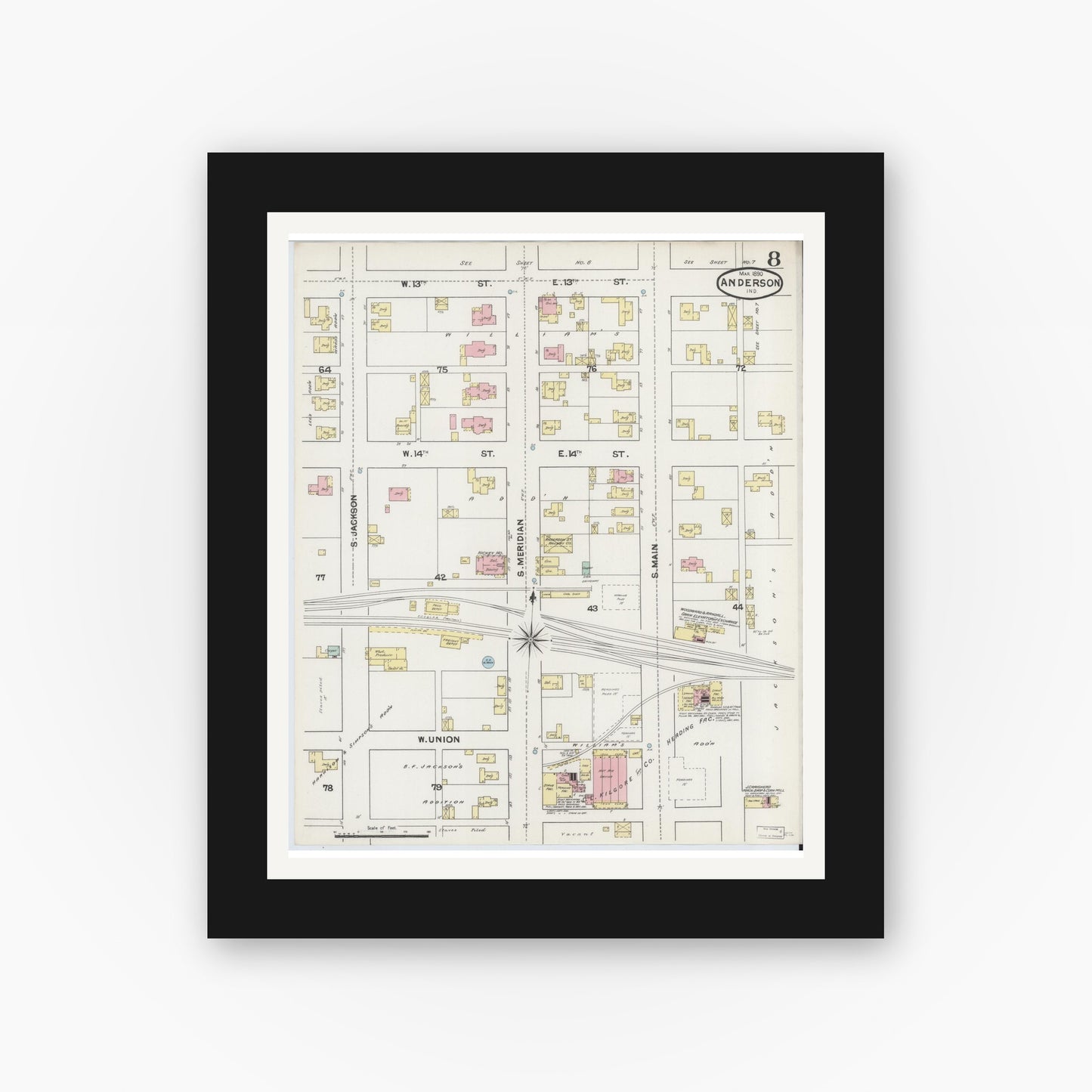 Old map wall art mockup — black gallery frame with white mat — Sanborn Fire Insurance Map from Anderson, Madison County, Indiana (1890), Sheet #0008
