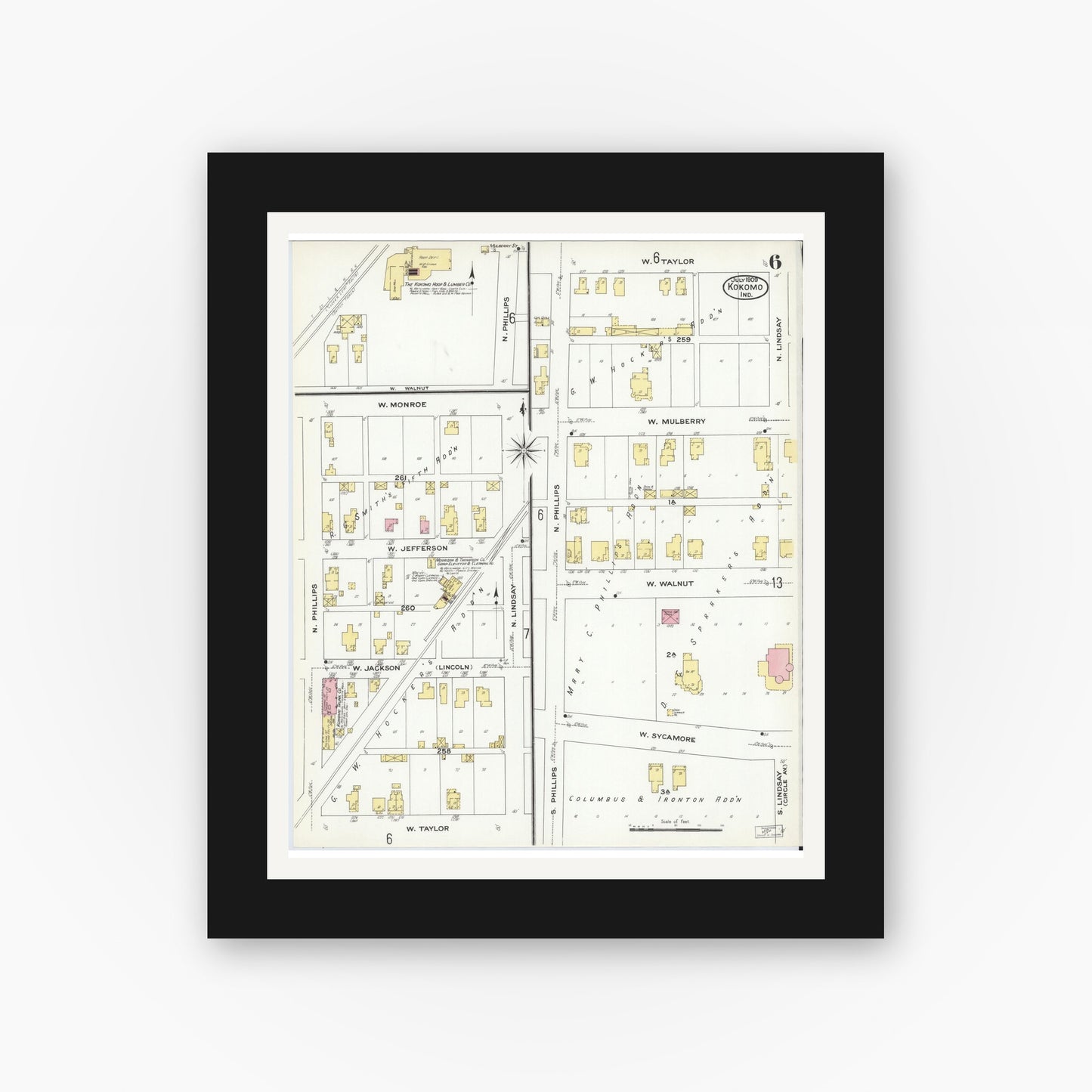 Old map wall art mockup — black gallery frame with white mat — Sanborn Fire Insurance Map from Kokomo, Howard County, Indiana (1909), Sheet #0006