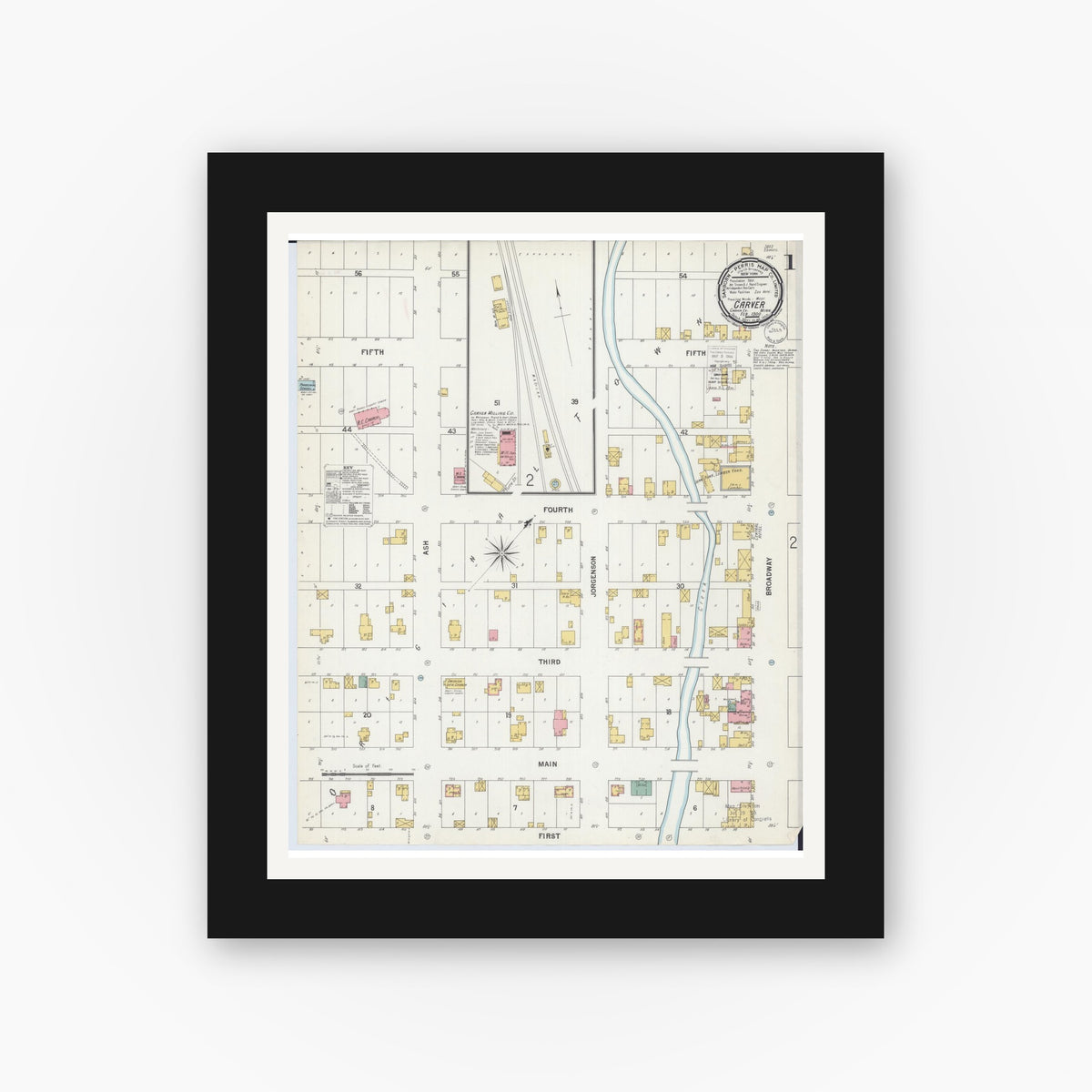 Old map wall art mockup — black gallery frame with white mat — Sanborn Fire Insurance Map from Carver, Carver County, Minnesota (1900), Sheet #0001