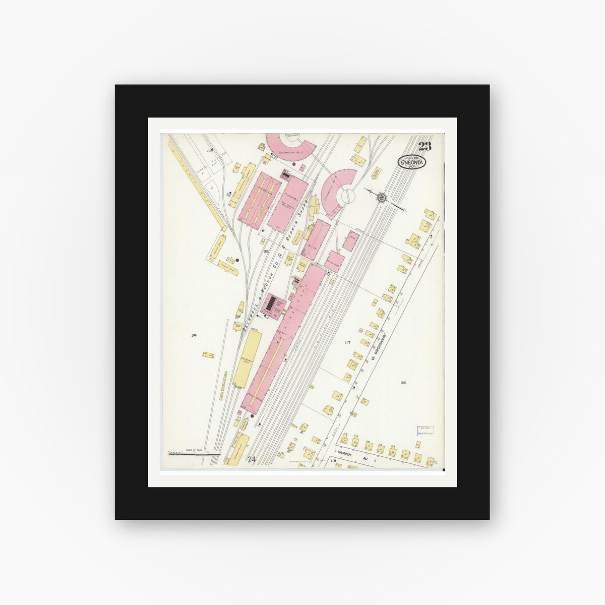 Old map wall art mockup — black gallery frame with white mat — Sanborn Fire Insurance Map from Oneonta, Otsego County, New York (1916), Sheet #0023