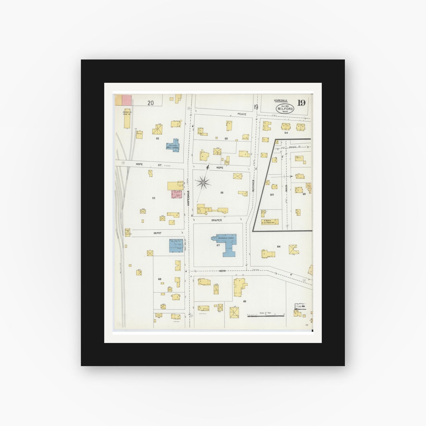 Old map wall art mockup — black gallery frame with white mat — Sanborn Fire Insurance Map from Milford, Worcester County, Massachusetts (1903), Sheet #0019