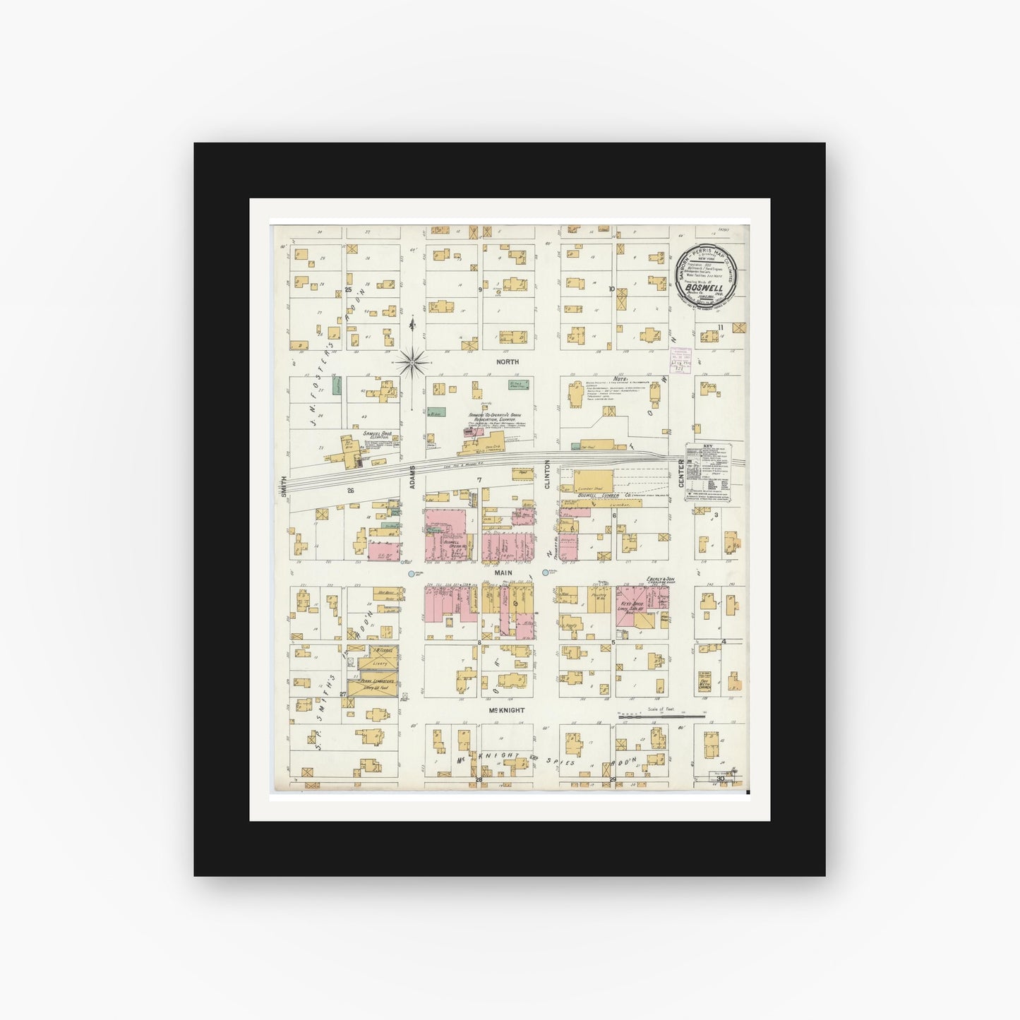 Old map wall art mockup — black gallery frame with white mat — Sanborn Fire Insurance Map from Boswell, Benton County, Indiana (1901), Sheet #0001