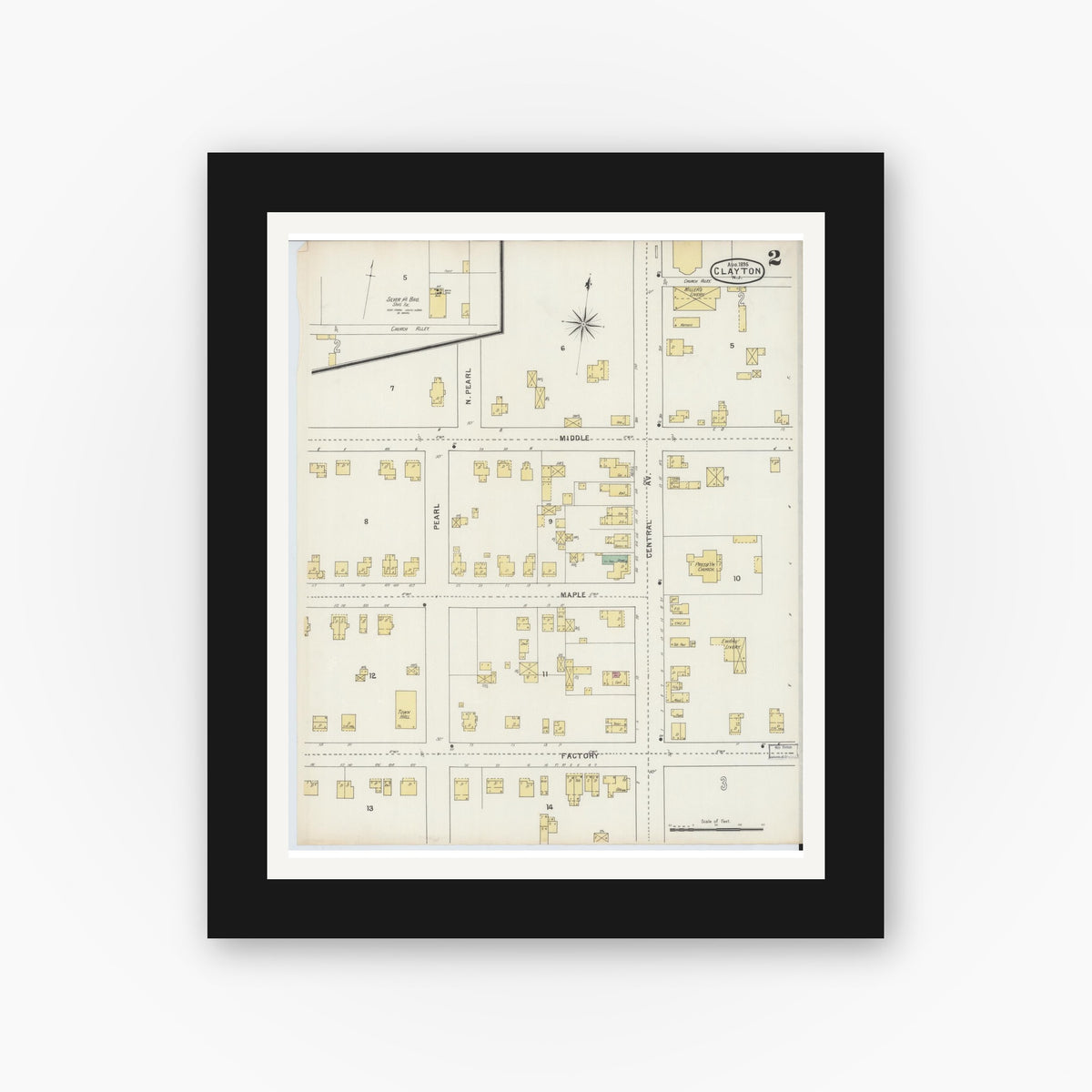 Old map wall art mockup — black gallery frame with white mat — Sanborn Fire Insurance Map from Clayton, Gloucester County, New Jersey (1895), Sheet #0002