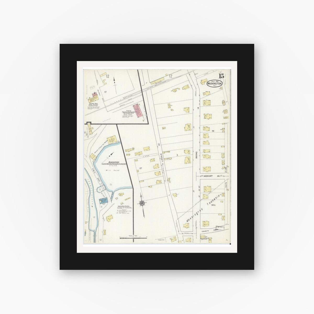 Old map wall art mockup — black gallery frame with white mat — Sanborn Fire Insurance Map from Washington, Warren County, New Jersey (1914), Sheet #0015